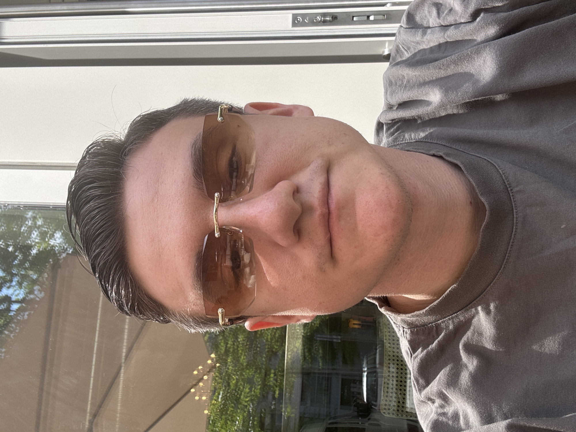 A close-up, angled shot focuses on a person wearing brown-tinted sunglasses. They are positioned slightly off-center with a gray t-shirt visible on their right. Light reflects off their hair and sunglasses, and the backdrop includes glimpses of foliage and outdoor settings, suggesting a location in Unknown, Unknown.