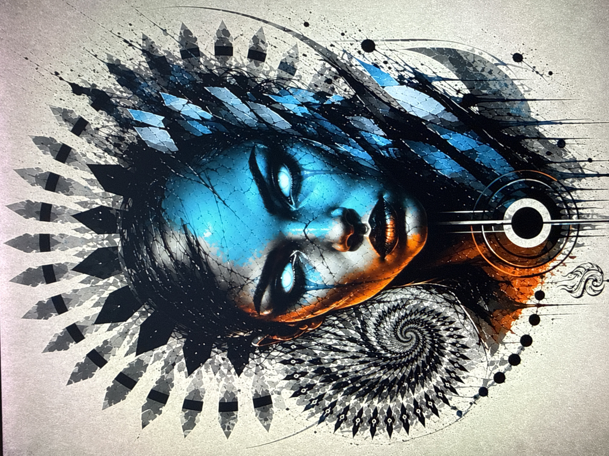 The image depicts a stylized portrait of a person with a blue and orange color scheme. The person's face is turned slightly to the side. The eyes are bright white. The artwork features geometric patterns and abstract elements, including a spiral design in the lower right corner. Black and gray feather-like shapes surround the head. A circular target-like design is present on the right side. The background is a light gray or off-white color. There is no indication that this image is taken in the city of Sofia, Bulgaria.