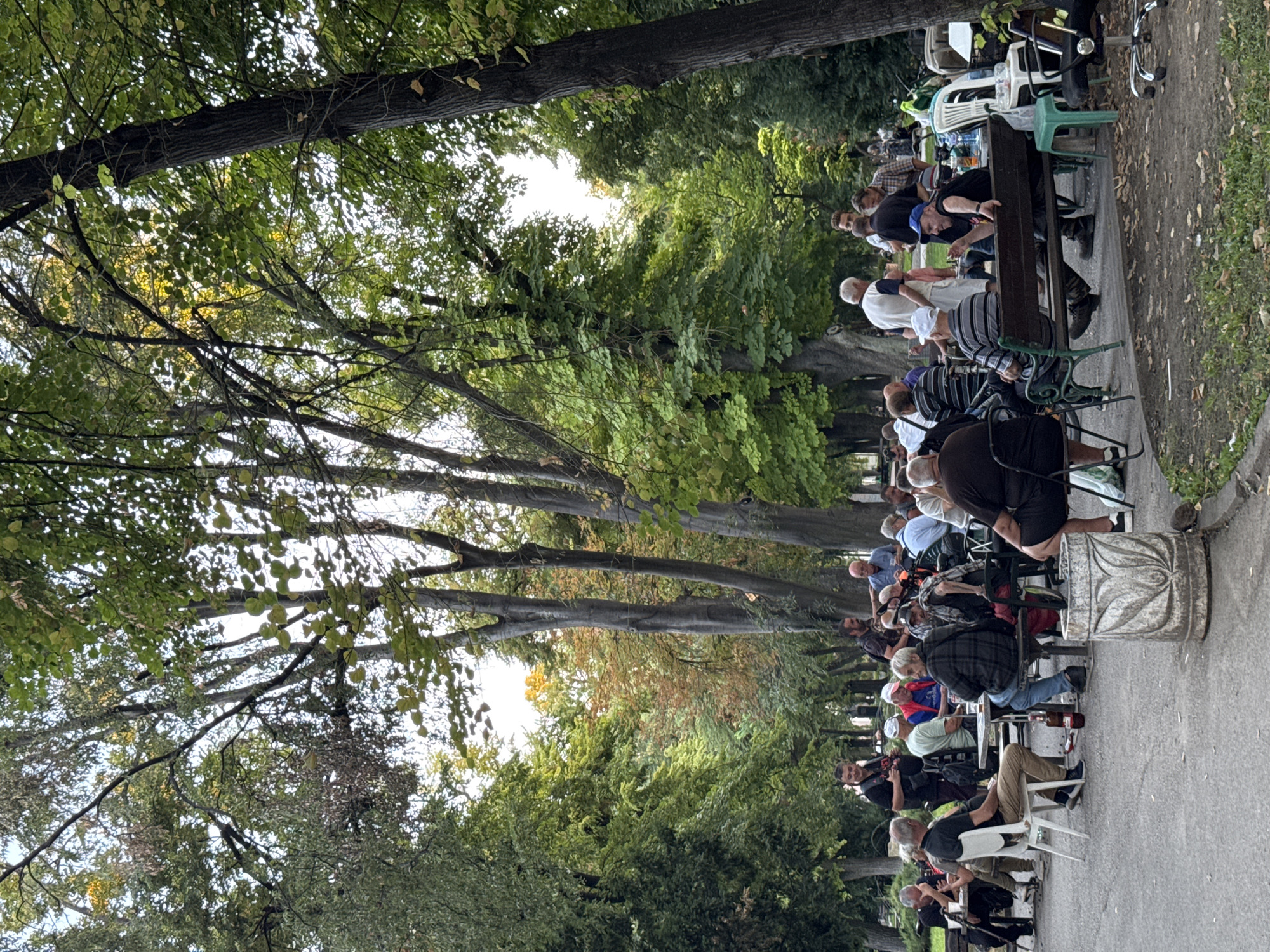 A group of men are gathered in a park in Plovdiv, Bulgaria, seated around tables and on benches. The setting appears to be a public park with mature trees providing ample shade. The men are engaged in various activities, some are talking, others appear to be playing a board game, and one individual is standing and observing. The atmosphere suggests a casual social gathering. The presence of drinks and ashtrays indicates they are enjoying leisure time. The overall scene depicts a typical day in a park, with people socializing and enjoying the outdoors.