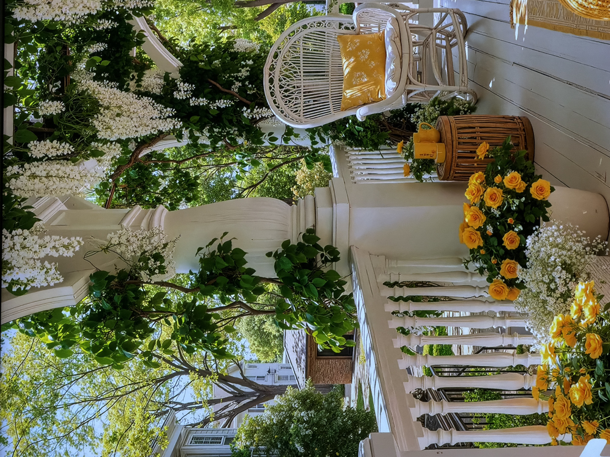 This vibrant image captures a beautifully decorated outdoor porch or veranda, likely part of a residential property in Sofiivska Borshchahivka, Ukraine. The scene is set during a bright, sunny day, with clear skies visible through the lush foliage.
The porch features a classic white wooden structure with prominent pillars, a railing composed of white balusters, and an elegant overhead trellis or archway. This overhead structure is adorned with abundant white flowering vines, resembling wisteria, which cascade gracefully, forming a natural, floral canopy.
On the porch deck, a white wicker chair with a bright yellow cushion, patterned with white floral designs, is positioned for relaxation. Beside the chair, a woven wooden basket acts as a small table, holding two bright yellow mugs, stacked atop one another. Faint, illegible text or a logo is visible on the mugs.
The porch is richly decorated with an array of flowers. Large white planters contain vibrant yellow roses, interspersed with delicate clusters of smaller white flowers, possibly baby's breath, creating a striking and cheerful display along the railing and on the floor. More yellow roses are visible towards the lower right of the frame.
Beyond the porch, dense green trees with various types of foliage and branches indicate a verdant environment. Glimpses of other buildings or houses are visible through the trees in the background, suggesting a residential area. No people are present, allowing the focus to remain on the serene and elegantly arranged outdoor space. The overall atmosphere evokes a sense of peace, beauty, and a welcoming outdoor setting.