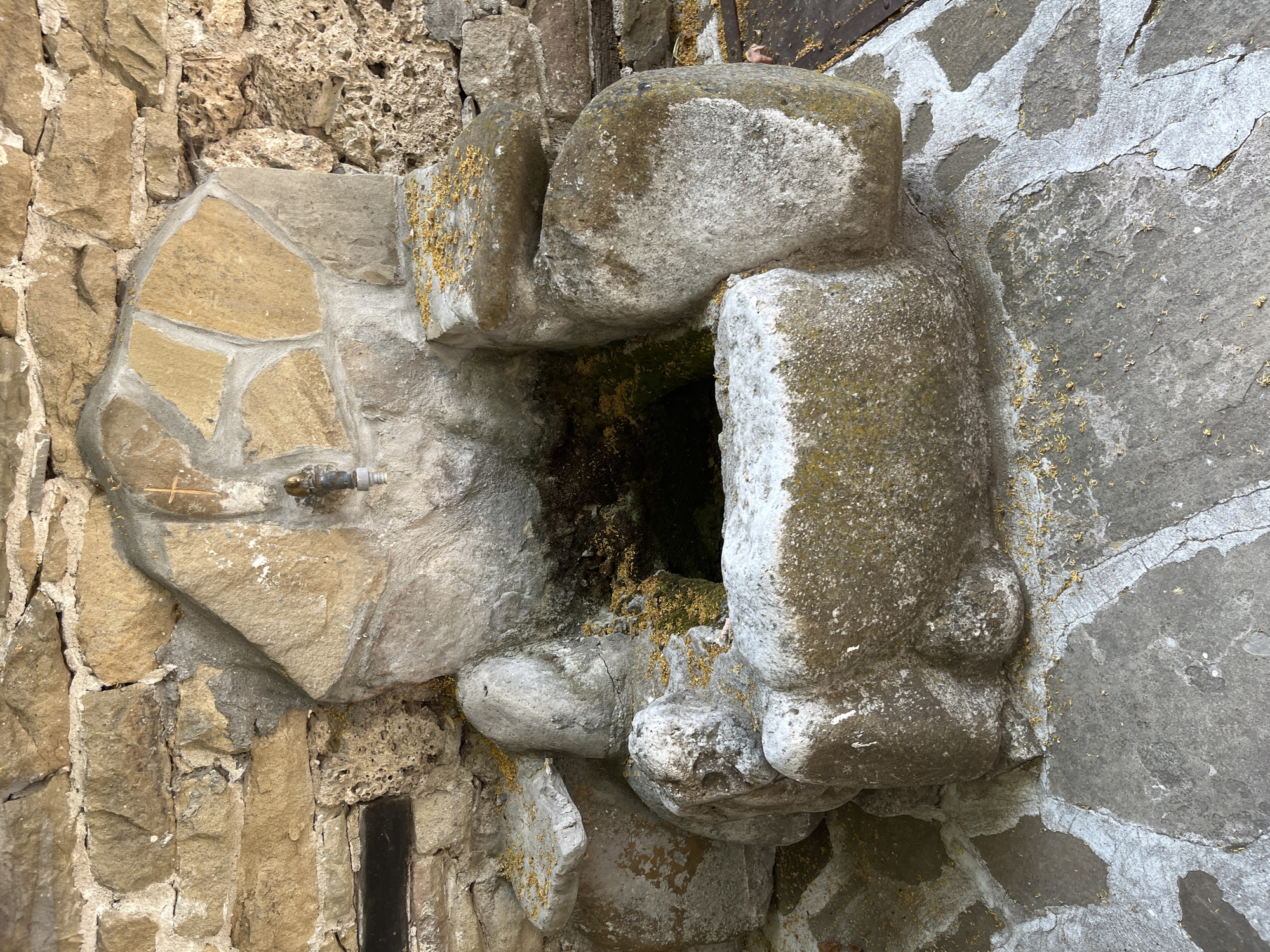 This is a medium-shot, eye-level photograph of an old stone fountain located in the courtyard of the St. Nicholas Church in Zheravna, Bulgaria. The fountain is constructed from roughly hewn, weathered stone blocks, forming a basin with a tap at the top. The stone is partially covered in moss and lichen. The basin of the fountain is dark and appears to be filled with water and organic debris. The surrounding wall is made of irregular stone blocks. Scattered yellow flower petals are visible on the fountain and the stone-tiled ground. The image is brightly lit, suggesting daylight. There are no people present in the scene.