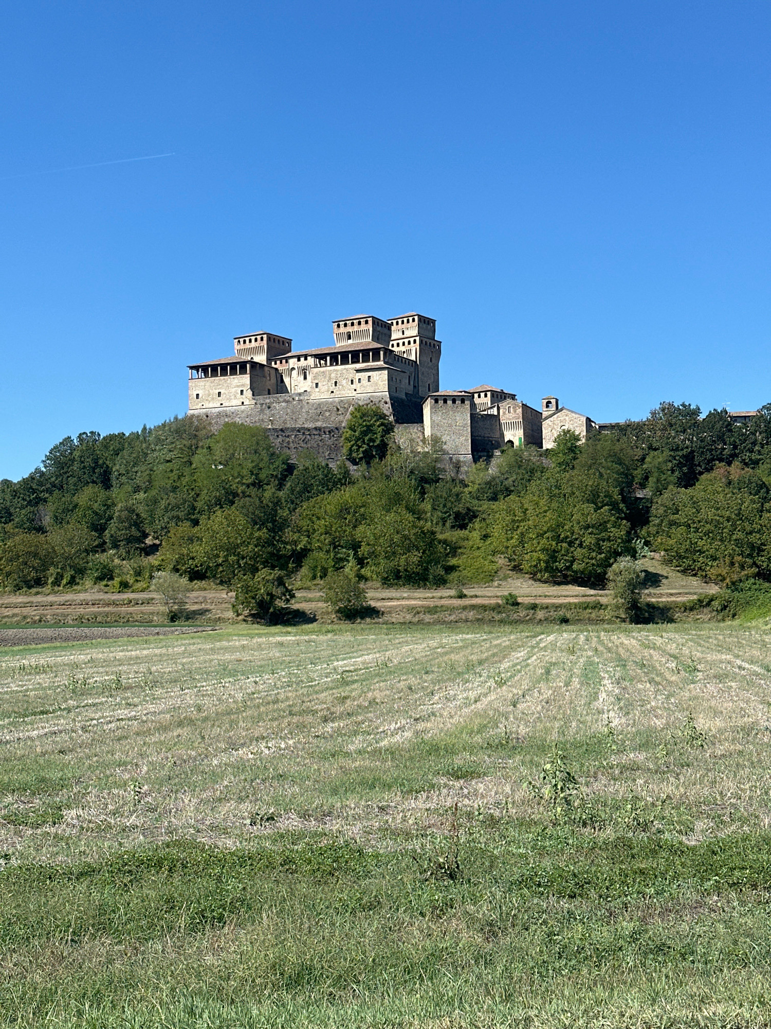 The image captures a scenic view of the Roccia di Langhirano, a historic castle situated in the town of Langhirano, Italy. The castle, constructed from stone, features multiple towers and battlements, and is perched atop a lush green hill. In the foreground, a field with rows of stubble, likely after harvesting, stretches across the landscape. The sky is a clear, bright blue, with a faint contrail visible in the distance. The environment suggests a rural, agrarian setting with the castle as a prominent landmark overlooking the surrounding countryside. There are no people visible in the image.