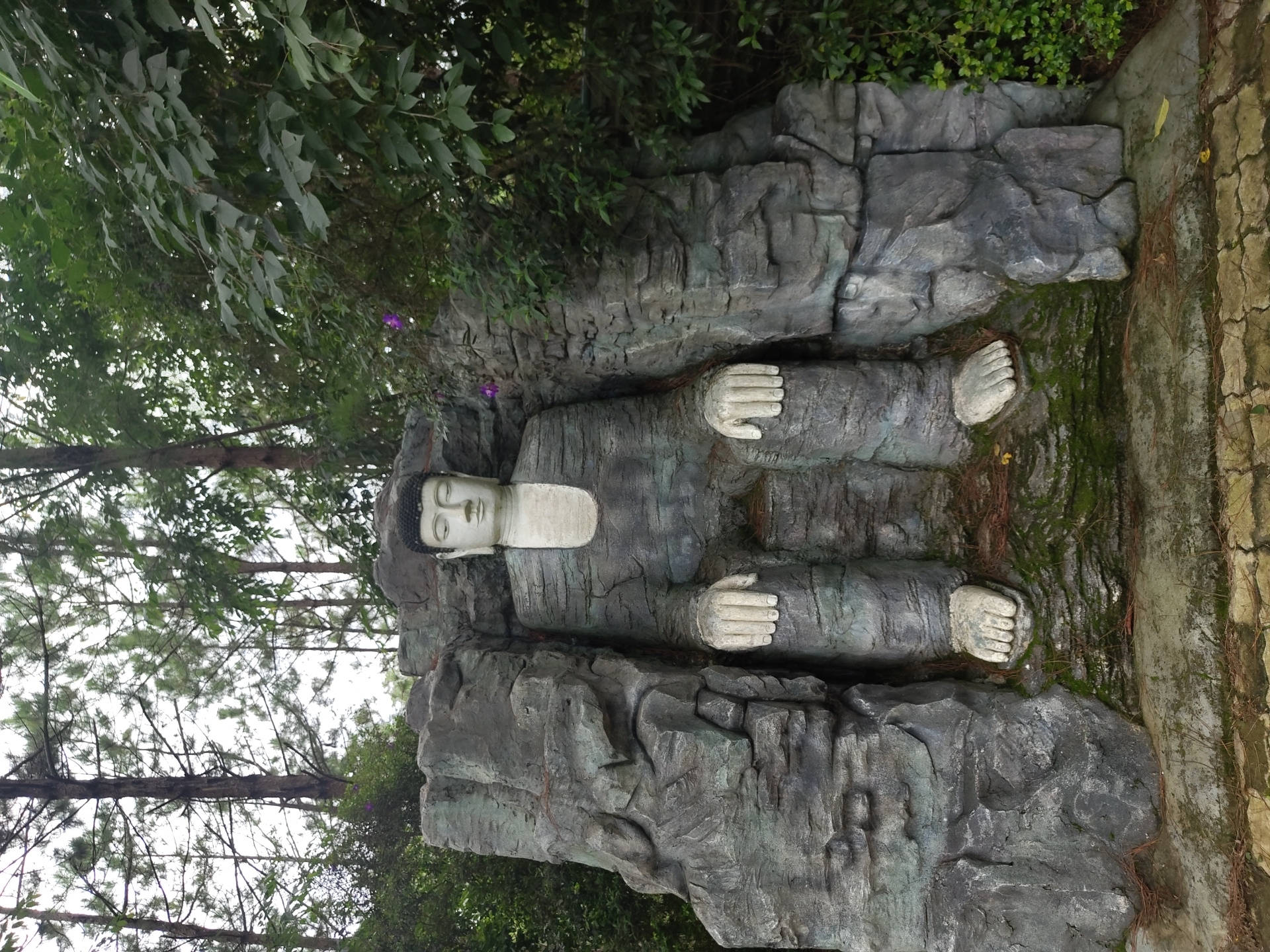 A large, stone statue of the Buddha is seated within a carved rock formation. The Buddha statue is depicted with serene features, including closed eyes and a calm expression. Its hands rest on its lap, and its feet are visible at the base of the rock. The statue is integrated into the natural landscape, surrounded by lush greenery and trees. The overall scene suggests a place of tranquility and spiritual contemplation, possibly located in a temple or garden setting. The location is identified as Lâm Viên - Đà Lạt, Vietnam, a region known for its natural beauty and spiritual sites.