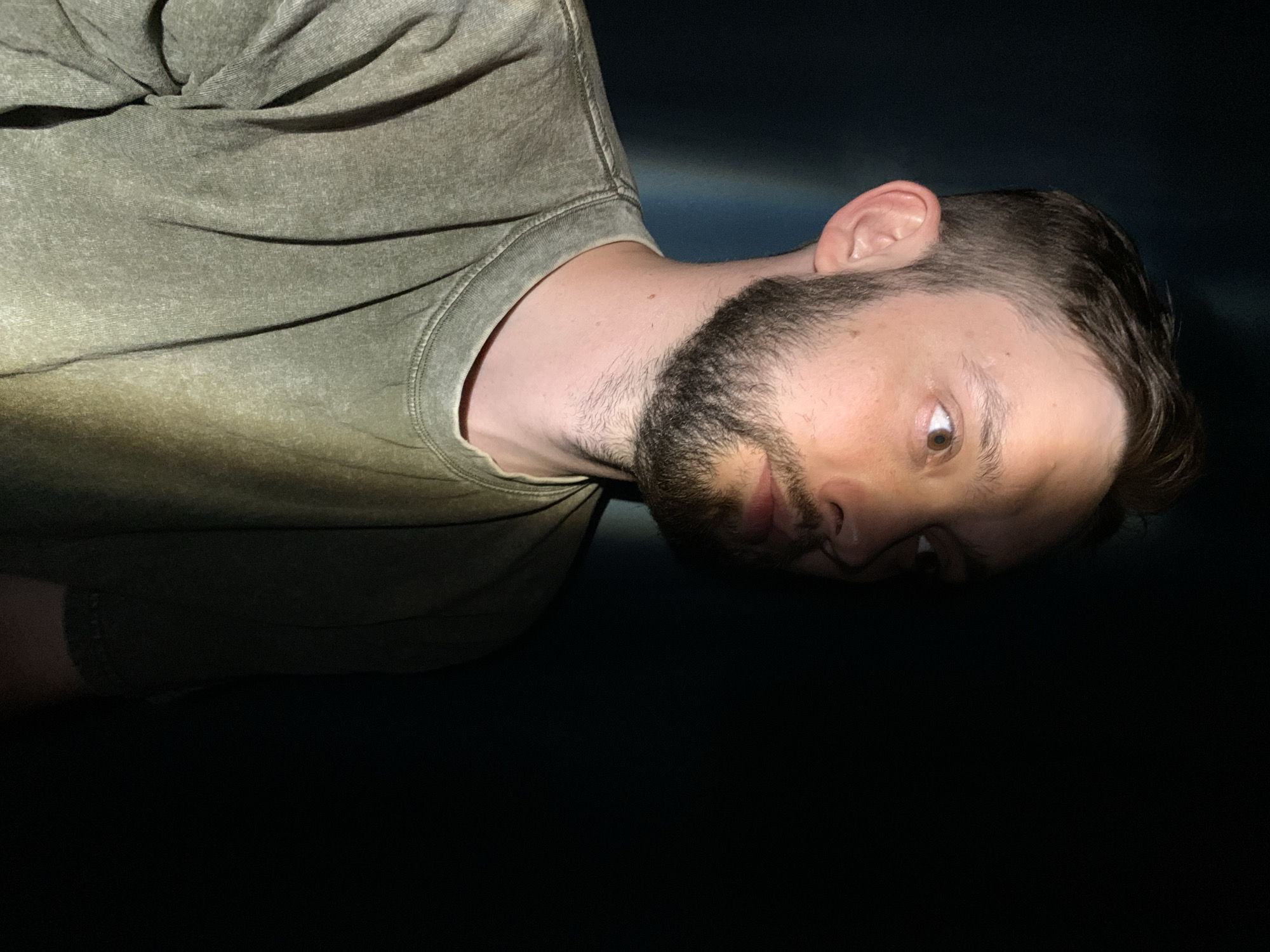 A medium, eye-level shot depicts a man with fair skin and dark, short hair and a beard wearing a green t-shirt. He is turned on his side, with his head tilted downward and his eyes looking to the right. A beam of light illuminates the right side of his face and his shirt. The background is dark, with a faint blue tint visible at the top. The location is undetermined, and no information suggests it is in Chaikovsky, Russia.