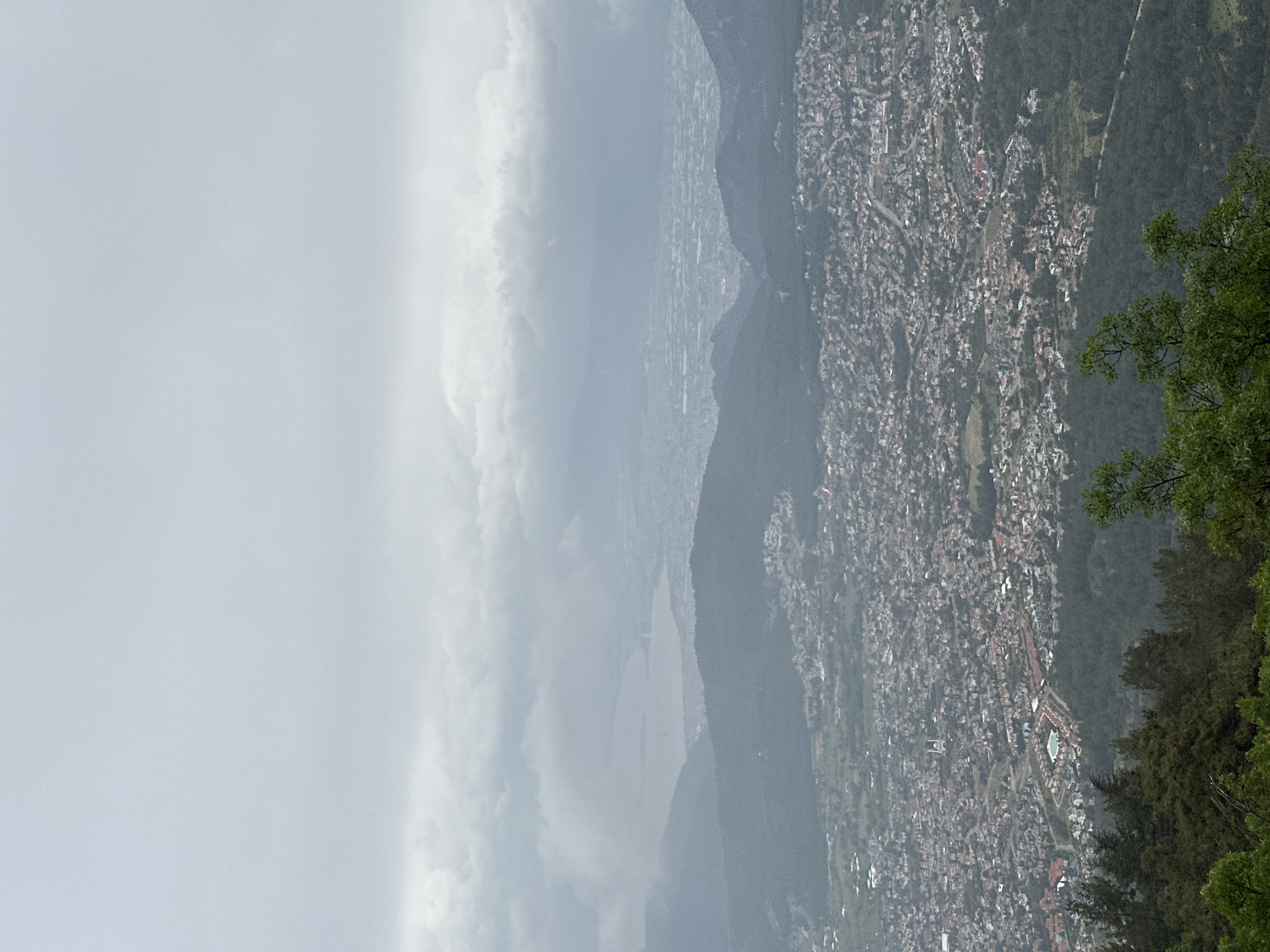 The image shows a panoramic view of a densely populated area in a city, with structures clustered together. The atmosphere is overcast or misty. The right edge of the image includes some trees and foliage, suggesting an elevated or hillside perspective. In the distance, there's a body of water or a bay area visible. The city appears to be nestled in a valley or plain, bordered by hills or mountains. Given the reference to Fethiye, Turkey, the location likely overlooks the city and the Fethiye Bay, with the nearby mountain ranges shaping the landscape. No people are visible. The image captures the city's urban layout against a backdrop of natural elements.