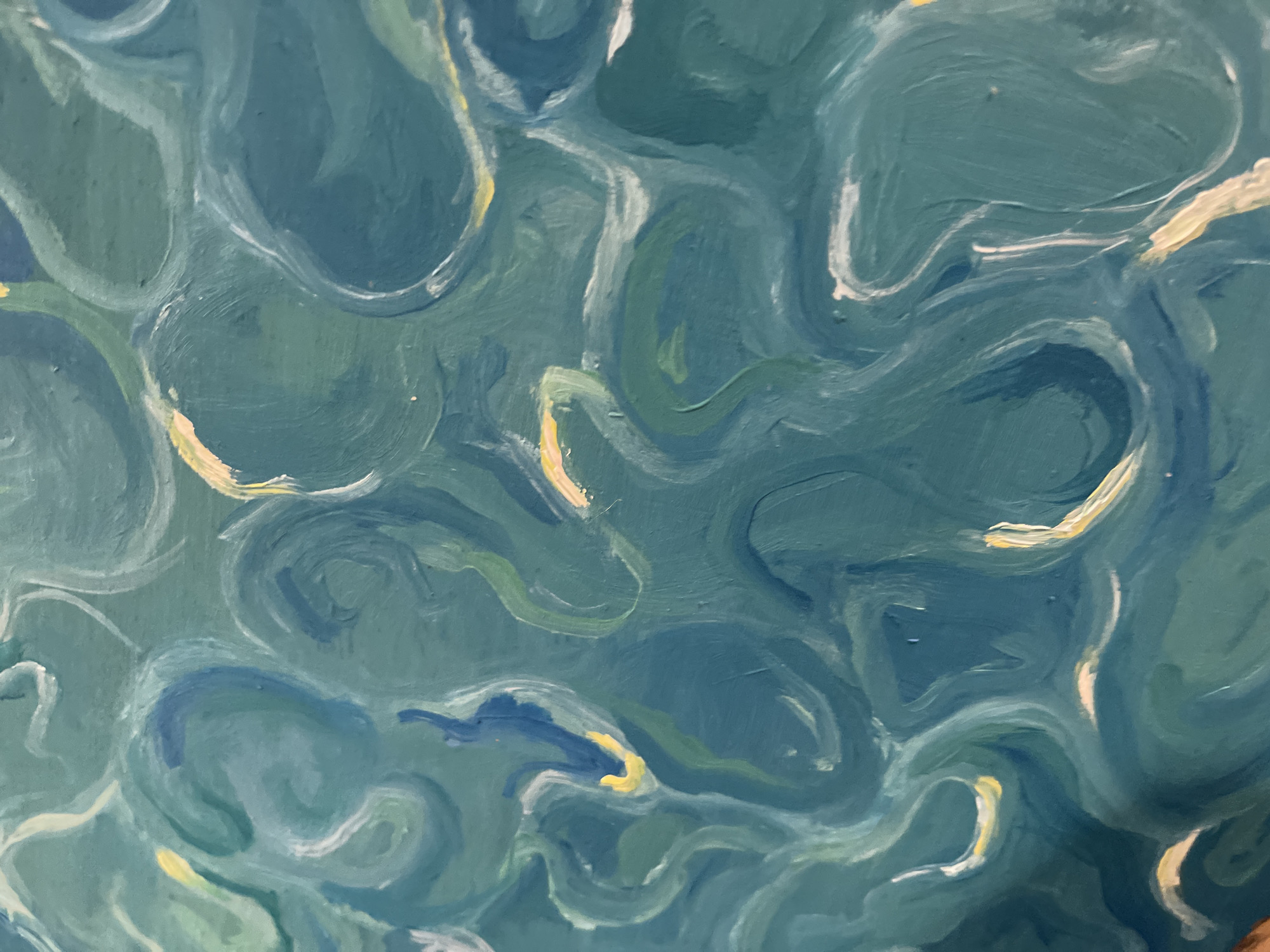The image is an abstract oil painting with a primarily teal and blue color palette. The brushstrokes are visible and swirling, creating patterns suggestive of water. There are highlights of yellow, white, and light green interspersed within the strokes, adding depth and texture.
The location in the city of Maidstone, United Kingdom is unknown based on the visual information. The image does not have any cues about the specific location.