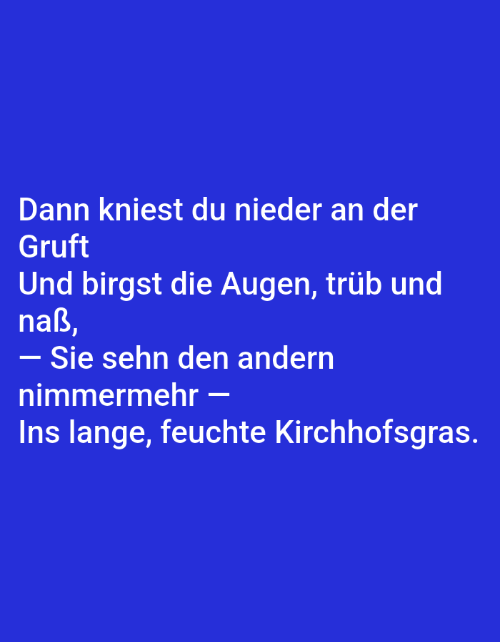 The image contains text against a solid blue background. The text is in white and appears to be a poem or excerpt. The text reads: "Dann kniest du nieder an der Gruft Und birgst die Augen, trüb und naß, — Sie sehn den andern nimmermehr — Ins lange, feuchte Kirchhofsgras." There is no indication of Tallinn, Estonia, or any city or environmental details within the image.