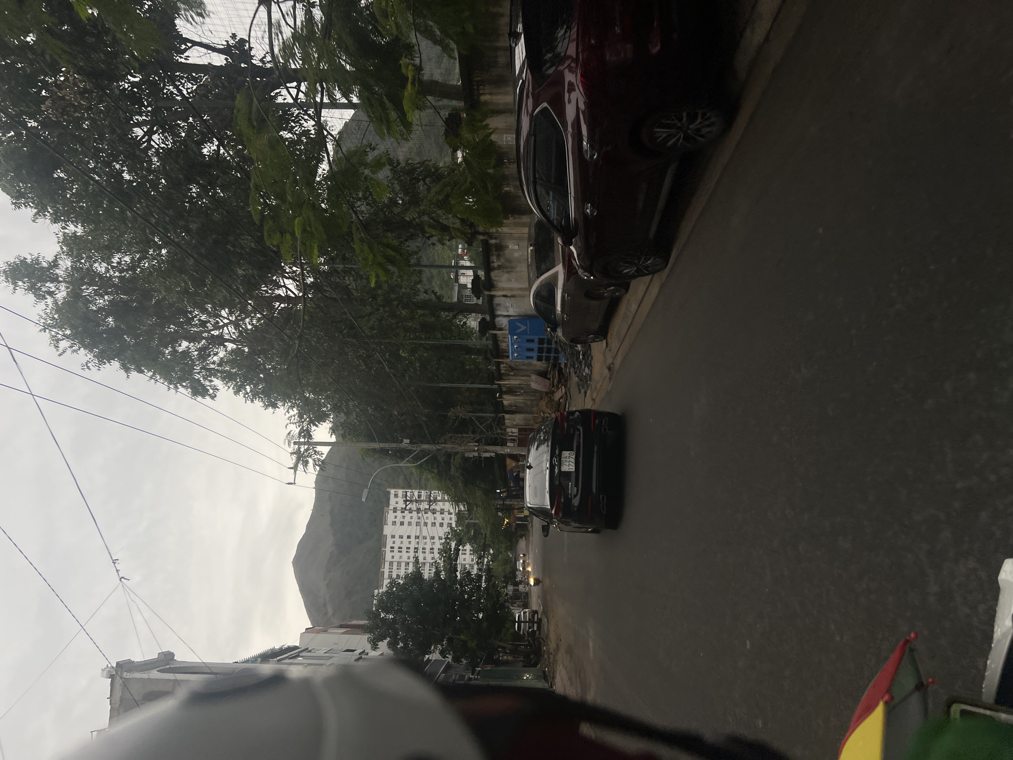 The image depicts a street scene in Bac Nha Trang Ward, Vietnam, under an overcast sky. The perspective is from a low angle, likely captured from a moving vehicle, with a small portion of a helmet or vehicle body visible in the bottom right foreground.
Along the left side of the asphalt road, numerous green trees with dense foliage line the sidewalk, partially obscuring the view of adjacent properties. Overhead, a complex network of power lines and utility cables spans across the scene. Several cars are parked on the left, including a prominent dark red SUV. Further down the street, a blue plastic crate with a logo resembling VinFast's 'V' is visible on the sidewalk.
A black sedan or SUV is driving in the middle of the street, moving away from the viewer. Its rear license plate, "79A 177.70," is clearly visible, a common prefix for Khanh Hoa province in Vietnam. In the mid-distance, a large, white multi-story building with numerous windows stands out, nestled among the trees. The background is dominated by a substantial, dark green mountain range under the uniformly gray, cloudy sky.
The subdued, diffused light indicates either an early morning, late afternoon, or a heavily overcast day. The scene captures a typical urban or suburban thoroughfare with parked and moving vehicles, set against a natural mountainous backdrop.