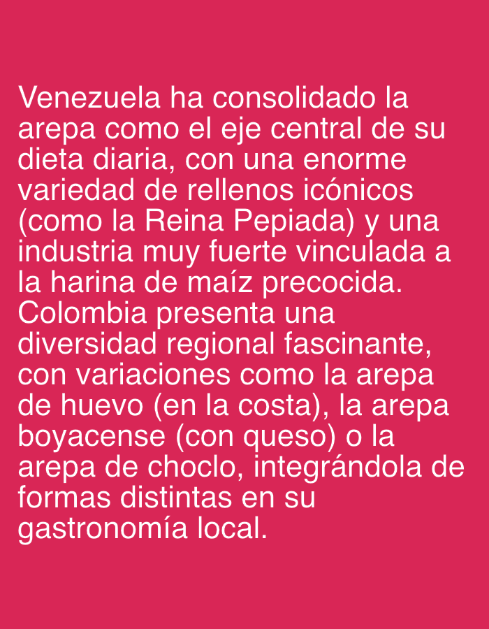 The media file presents a block of white text set against a solid, vibrant reddish-pink background. The text, written in Spanish, discusses the cultural significance of the arepa in two South American countries.
The content explains that Venezuela has established the arepa as a central element of its daily diet, offering a vast array of iconic fillings, specifically mentioning "Reina Pepiada," and supported by a strong industry linked to pre-cooked corn flour. It then shifts focus to Colombia, noting the country's fascinating regional diversity in arepa preparations. Examples provided include the "arepa de huevo" (egg arepa) from the coast, the "arepa boyacense" (Boyacá-style arepa) which includes cheese, and the "arepa de choclo" (sweet corn arepa), all integrated in different ways into the local gastronomy.
No people, objects, or specific geographical scenes are visible in the image, which functions purely as a textual display. The text is clear and legible.