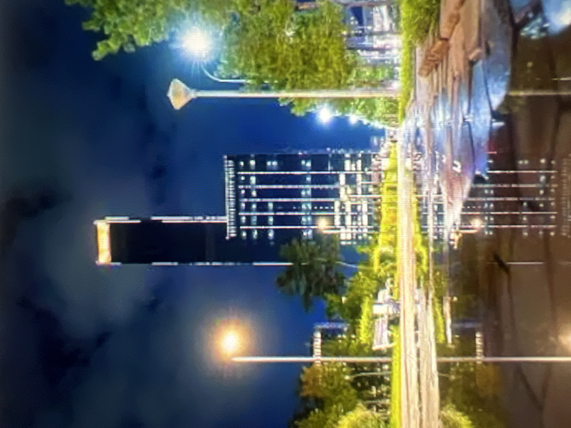 This is a nighttime photograph of a city street scene in Qarağandı, Kazakhstan. In the background, a tall, dark skyscraper with illuminated windows dominates the skyline. The skyscraper has a distinct, wider top section that is brightly lit. To the right of the skyscraper, a modern streetlamp with a distinctive cap illuminates the area. Green trees line the right side of the street, some with visible lights shining through their branches. A pathway runs along the right side of the scene, bordered by a low brick wall. In the foreground, a wet pavement or street reflects the lights and structures, suggesting recent rain. The overall atmosphere is urban and modern, with a sense of nighttime illumination. There are no people or specific actions depicted in the image.