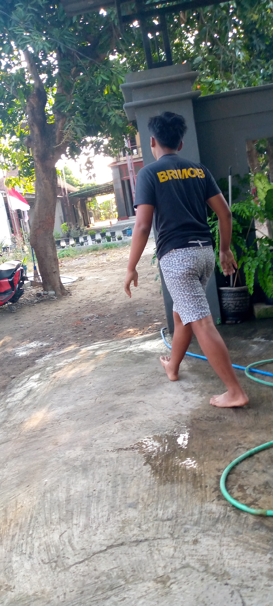In the city of Sumberwono, Indonesia, a young male wearing a black t-shirt with the yellow text "BRIMOB" and patterned shorts walks barefoot on a wet concrete surface. He is viewed from behind, with his right leg extended forward and his left leg trailing. In the background, a tree with green leaves stands to the left, and a grey pillar with a black metal fence is on the right. Further back, a building with a red and white flag and several potted plants can be seen. A red motorcycle is parked near the tree. Two garden hoses, one blue and one green, are visible on the concrete ground. The overall environment appears to be an outdoor residential area.