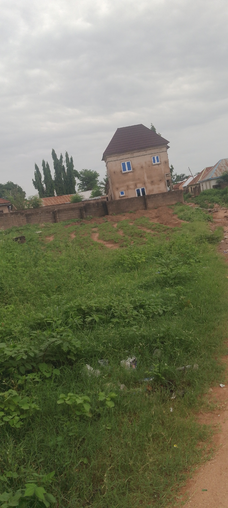 The image shows a residential area in Jalingo, Nigeria, under an overcast sky. The foreground is dominated by a patch of overgrown green grass with some scattered debris, suggesting an undeveloped or unmaintained lot. A dirt path runs along the right edge of the frame.
In the mid-ground, a concrete wall encloses a property. Beyond the wall, a two-story building with a reddish-brown tiled roof is prominently visible. This building has light-colored walls and several blue-framed windows. To the left of this building, other residential structures with corrugated iron roofs are partially visible. Several tall, slender trees stand behind the wall, adding to the vegetation in the scene.
The overall impression is of a typical, somewhat unkempt residential environment in a Nigerian city, possibly experiencing its rainy season given the lush greenery and cloudy skies. There are no people visible in the image.