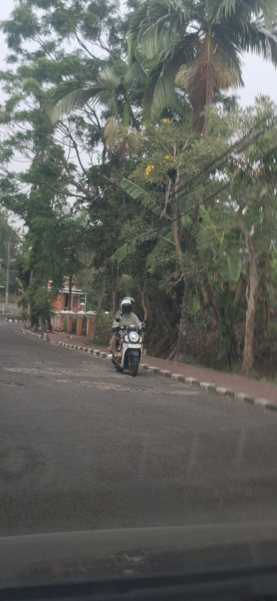 An overcast day in Cianjur, Indonesia, shows a person riding a white and blue scooter on a paved road. The rider is wearing a light-colored jacket and a helmet. The road is lined with a sidewalk featuring a black and white checkered border. To the left of the road, a small building with an orange facade and white fencing is visible. The right side of the road is bordered by lush greenery, including palm trees and other tropical foliage. The scene appears to be a suburban or semi-rural area within the city.