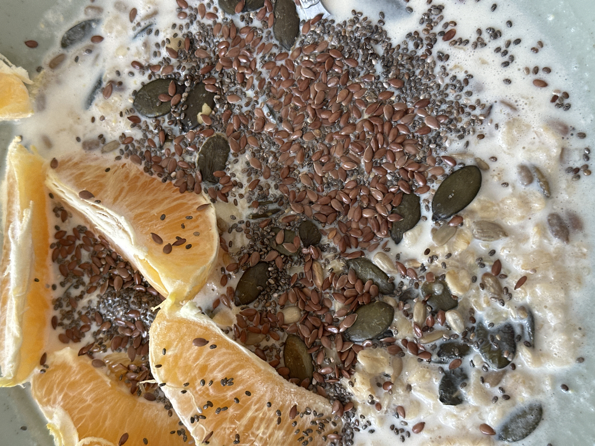 A close-up shot shows a bowl of breakfast cereal, consisting of what appears to be milk, oats, orange slices, flax seeds, chia seeds, and pumpkin seeds. The orange slices are located in the bottom left of the frame. The cereal, milk, and seeds are scattered throughout the rest of the bowl. No people are visible. The image does not provide evidence related to Novi Sad, Serbia.