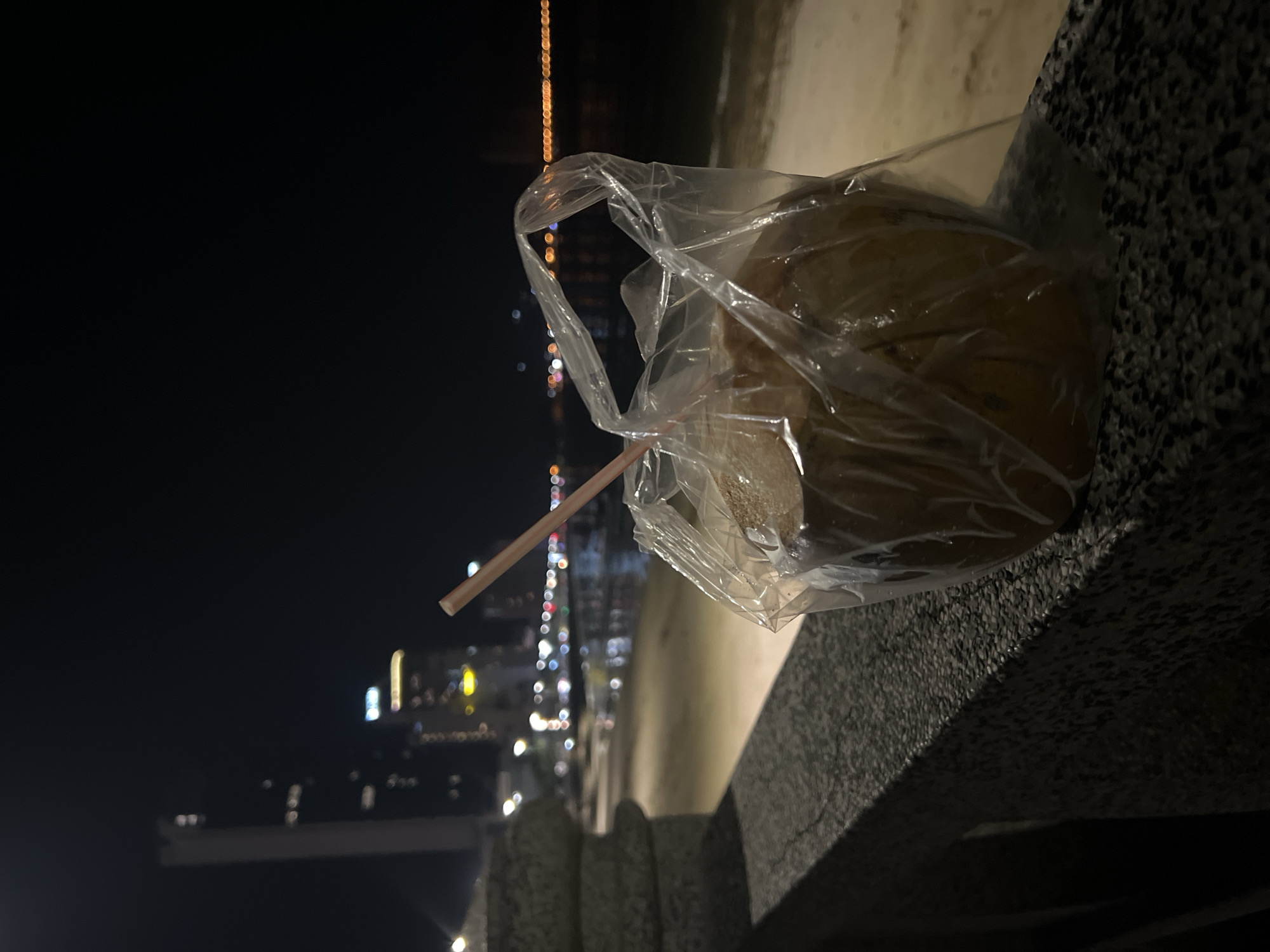 A night-time photograph captures a fresh, whole coconut, likely prepared for drinking, encased in a clear plastic bag. A brown and white striped plastic straw is inserted into the coconut, extending upwards from the bag. The coconut rests on a dark, textured wall or railing that occupies the foreground and extends across the bottom right of the image.
In the heavily blurred background, numerous vibrant, out-of-focus lights from a distant city skyline illuminate the dark night. These bokeh lights suggest buildings and urban activity, with some appearing as vertical streaks. A lighter, indistinct area to the far right hints at a sandy beach or coastal edge. The setting strongly indicates a lively coastal city at night, aligning with the provided context of Bắc Nha Trang, Vietnam.
The image suggests a serene moment of enjoying a tropical drink while overlooking a bustling urban landscape by the sea. No people are visible in the frame, and there is no discernible text. The focus is sharp on the coconut and straw, creating a sense of intimacy with the subject against the glittering, distant city lights.