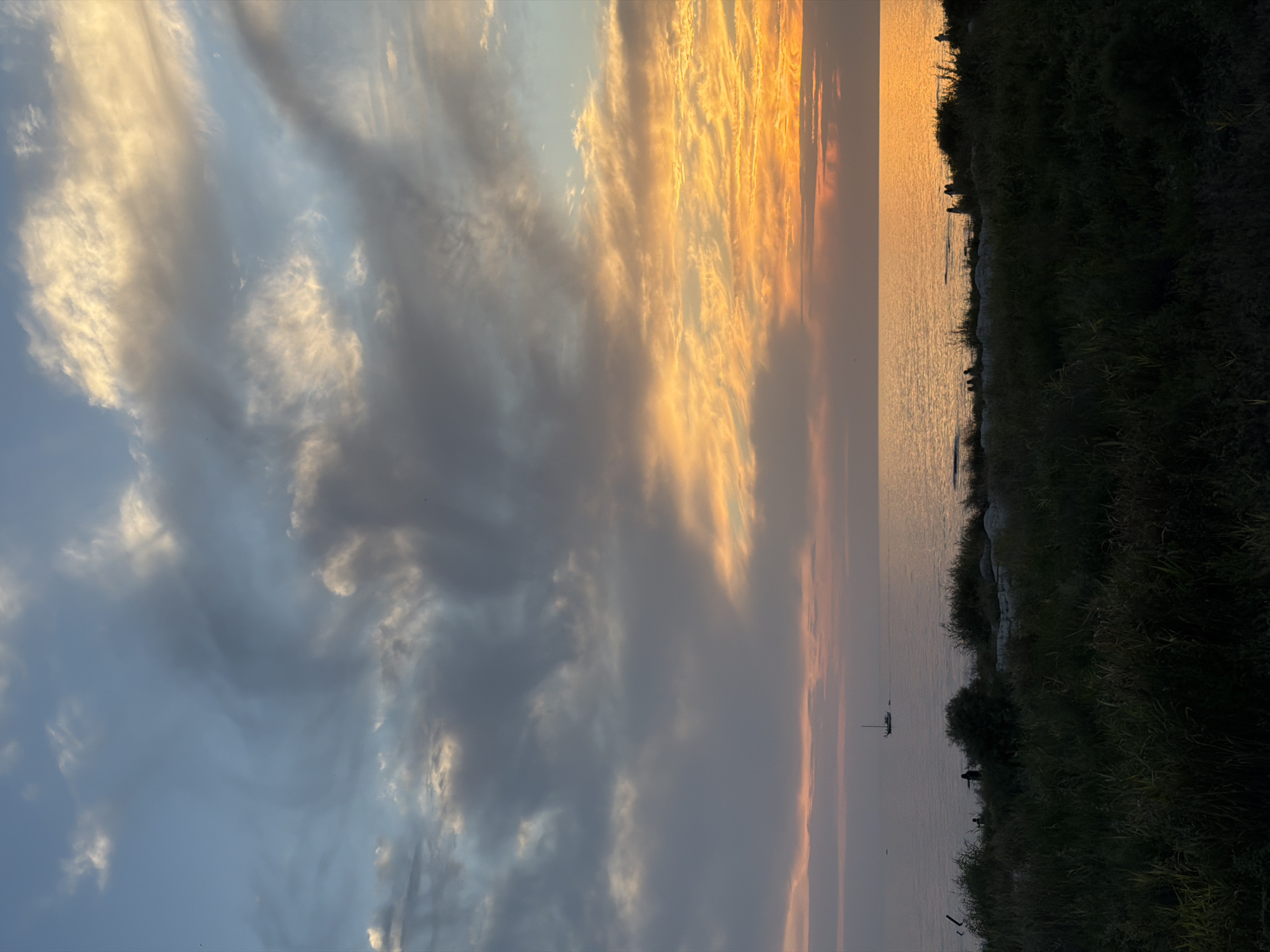 The image captures a serene sunset over the Caspian Sea, near Aktau, Kazakhstan. The sky is a canvas of soft blues and grays, transitioning into vibrant oranges and yellows as the sun dips below the horizon. Wispy clouds are scattered across the sky, some catching the last rays of sunlight and glowing intensely. The sea is calm, reflecting the warm hues of the sunset, creating a shimmering, golden path across the water.
In the foreground, a dark, grassy shoreline is visible. Silhouettes of people can be seen scattered along the beach, some standing and observing the sunset, while others appear to be walking or sitting. A sailboat is anchored in the distance on the tranquil sea, adding a touch of solitude to the scene. The overall atmosphere is one of peace and natural beauty, a typical evening scene along the coast of Aktau.