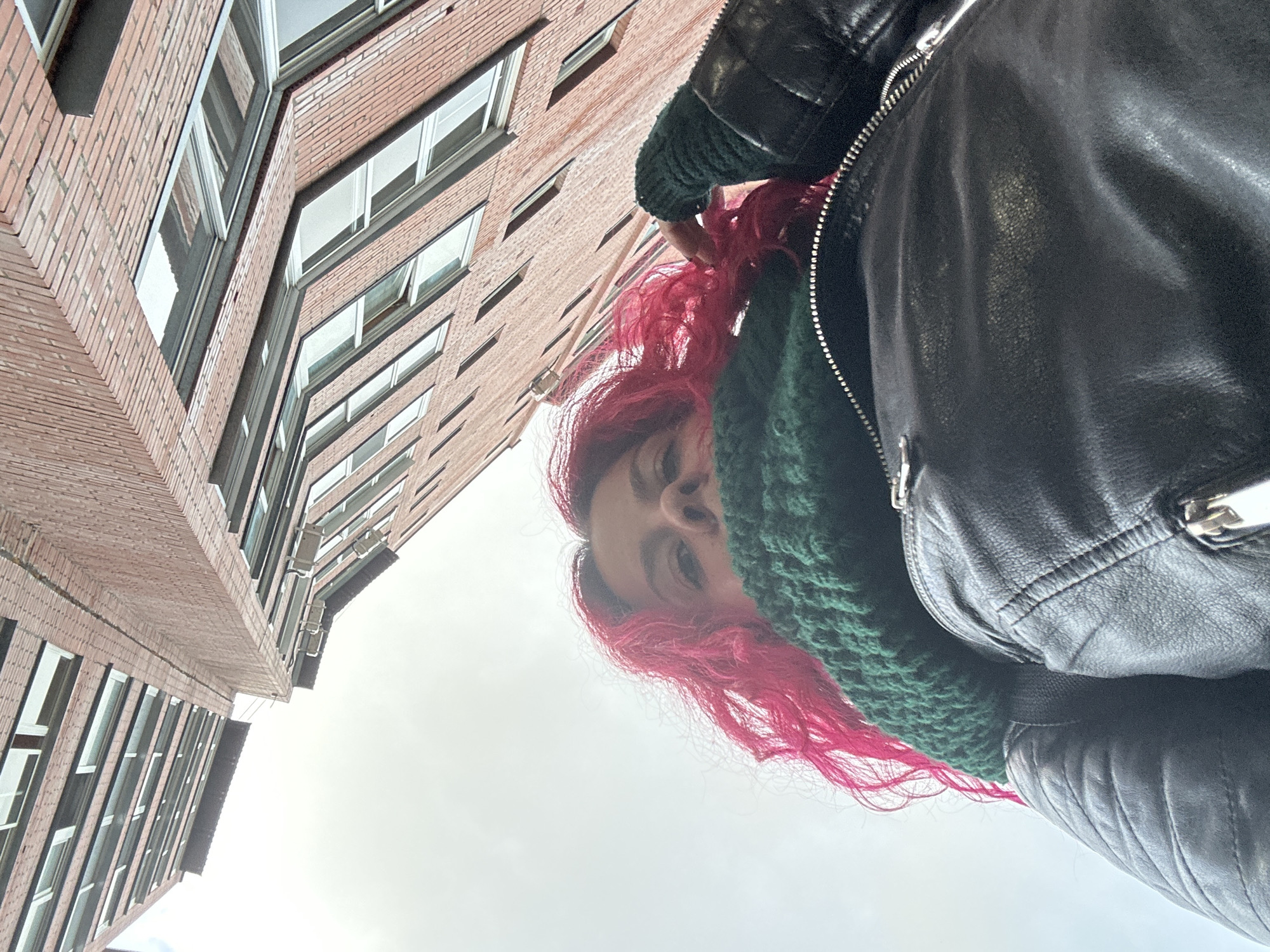 The image is an upward-facing shot of a person with dyed pink hair, wearing a green scarf and a black leather jacket. The person appears to be looking down at the camera. Behind the person is a tall brick building with rows of windows. The sky is overcast. The exact location in Novosibirsk, Russia, cannot be determined without additional information or context.
