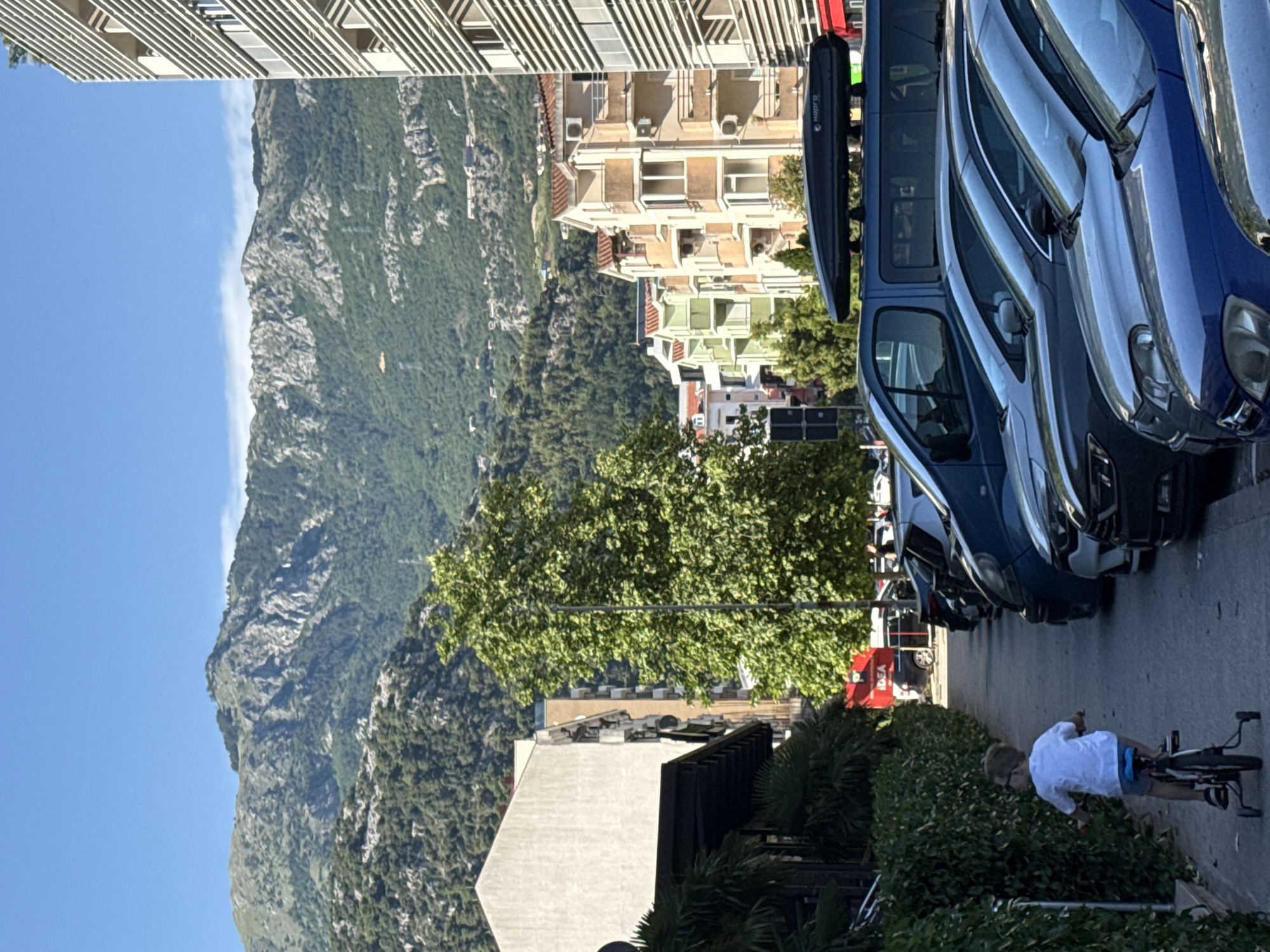 In Budva, Montenegro, a young boy with glasses, wearing a white t-shirt and blue shorts, rides a small bicycle with training wheels on a sidewalk. The sidewalk is lined with lush green hedges on the left and parked cars on the right. Behind the parked cars, a row of residential buildings with balconies and tiled roofs are visible, some painted in pastel colors like light green and peach. Further in the background, a large, leafy green tree stands tall. The scene is set against a backdrop of a majestic mountain range covered in green trees and rocky outcrops, under a clear blue sky.