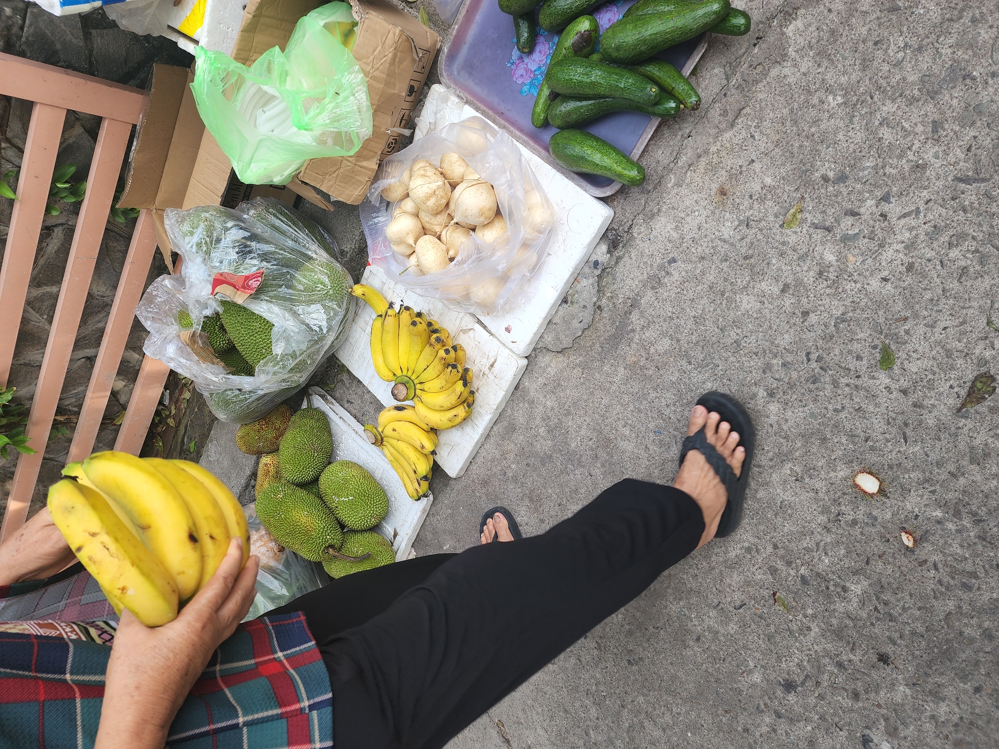 A person in Phu Thuy Ward, Vietnam, stands on a concrete surface next to a display of fruits and vegetables. The person is wearing black pants and a plaid shirt, and they are holding a bunch of bananas. To their right, several durians are visible, some in a clear plastic bag. Another bunch of bananas is on display, along with a bag of white, round fruits that appear to be jicama. A tray of avocados sits on the ground to the right. The scene suggests a street market or roadside stall, with a wooden fence and stone wall in the background.