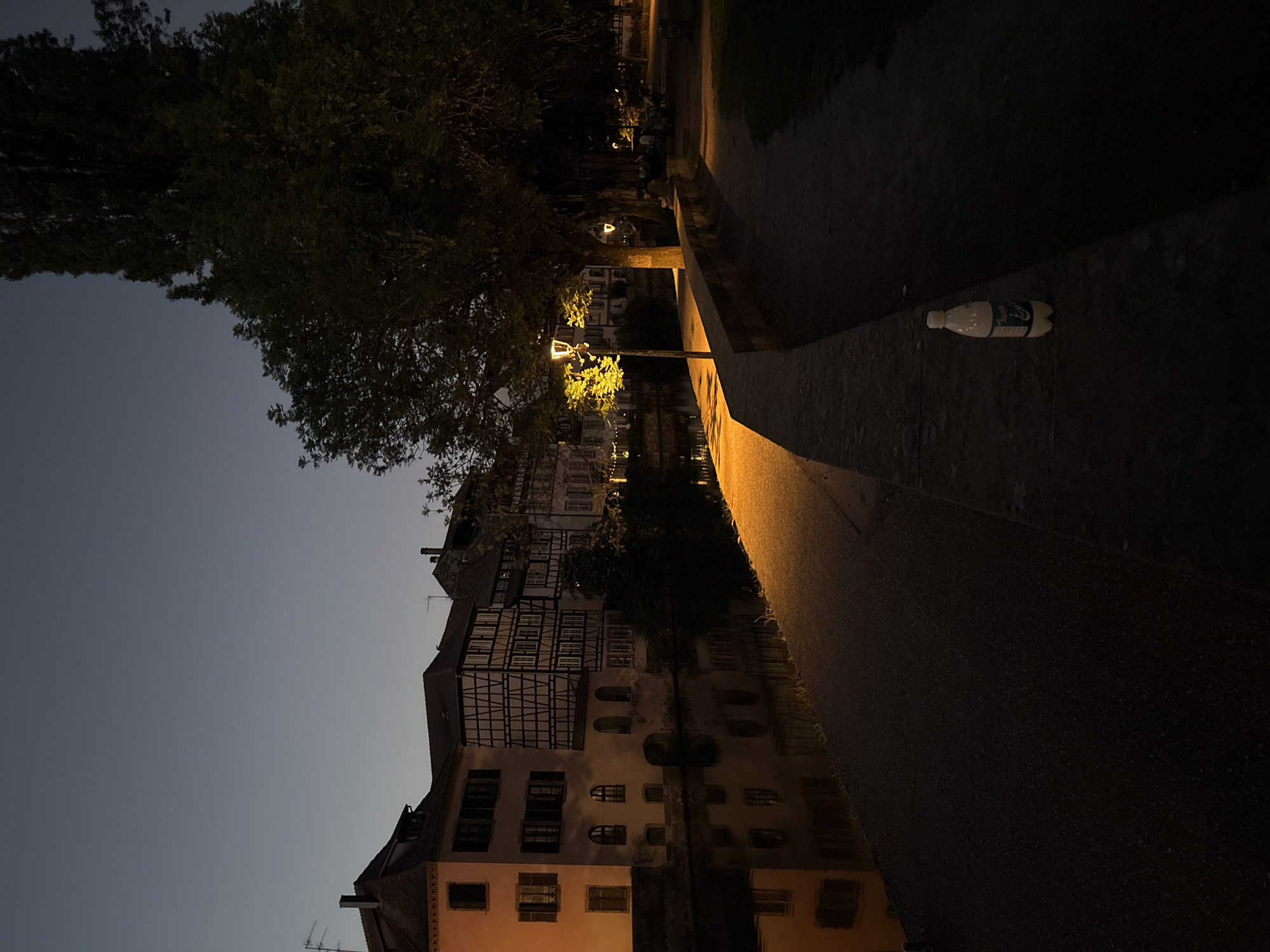 At night, the image shows a canal in Strasbourg, France, flanked by old buildings with timber frames and lit by streetlights. The waterway reflects the architecture and lights, creating a mirrored effect. A concrete ledge or embankment borders the canal on one side, where a plastic water bottle lies. The sky is a dark, twilight blue, and trees overhang the scene from above and behind the buildings, casting shadows. The atmosphere is quiet and dimly lit, typical of a nighttime urban setting.