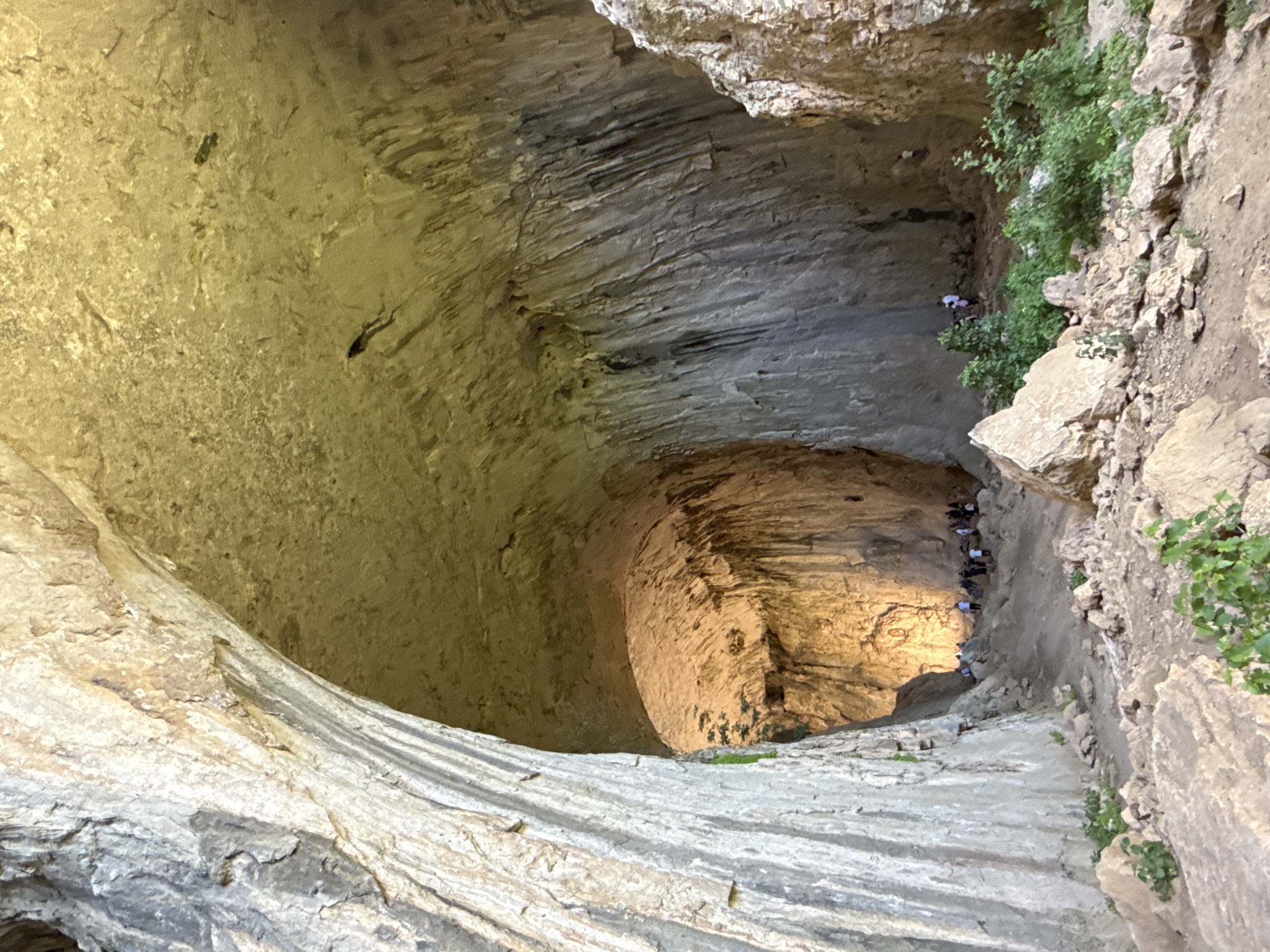 The image depicts the entrance to the Prohodna cave, also known as the "Eyes of God," located near Karlukovo, Bulgaria. The perspective is from a high vantage point looking into the cave's opening. The cave's interior walls are visible, showing layered rock formations. A group of people are standing near the bottom of the cave entrance, suggesting the scale and depth of the cave. Vegetation grows along the right side of the frame, near the edge of the opening.