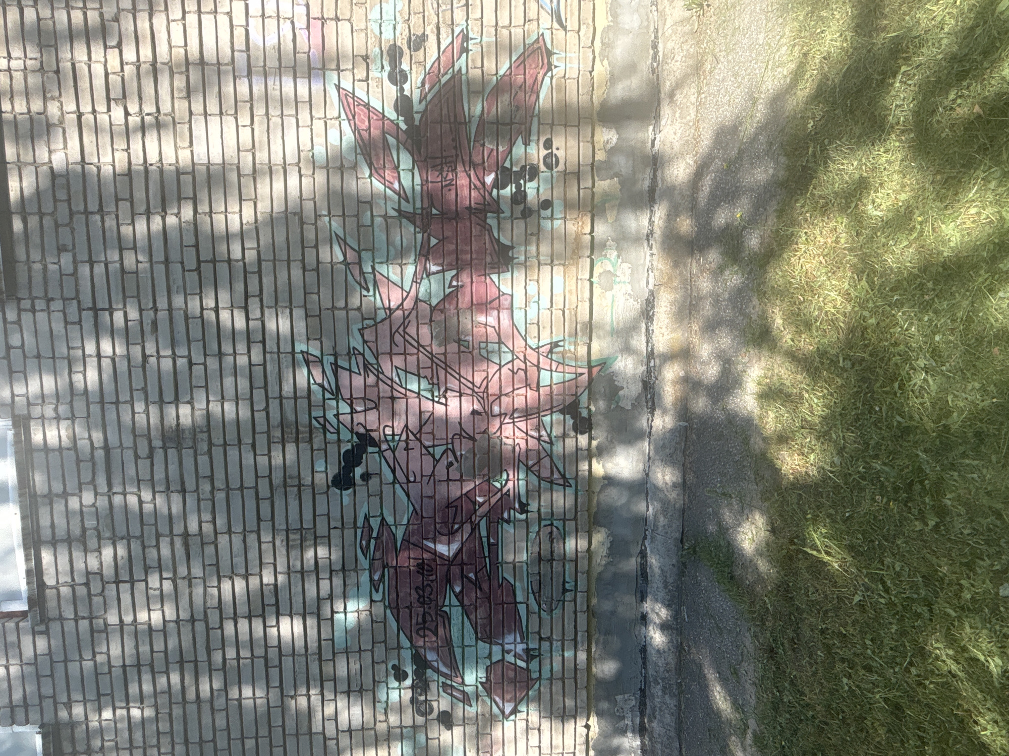The image depicts graffiti on a light-colored brick wall in an outdoor setting. The graffiti features abstract, angular shapes in shades of pink and maroon, with teal accents and black outlines and dots. A date, "25.03.10", is visible within the graffiti. The wall is partially in shadow, suggesting sunlight is present. Below the wall, there is a concrete or asphalt surface with some grass growing along its edge. Shadows of trees or foliage are cast across the wall and the ground, indicating the presence of vegetation nearby. The overall environment appears to be an urban or suburban area. The location of Novosibirsk, Russia, is mentioned in the prompt, but there are no specific visual cues in the image to confirm or deny this. The graffiti appears to be relatively fresh but not brand new. No individuals are visible in the image.