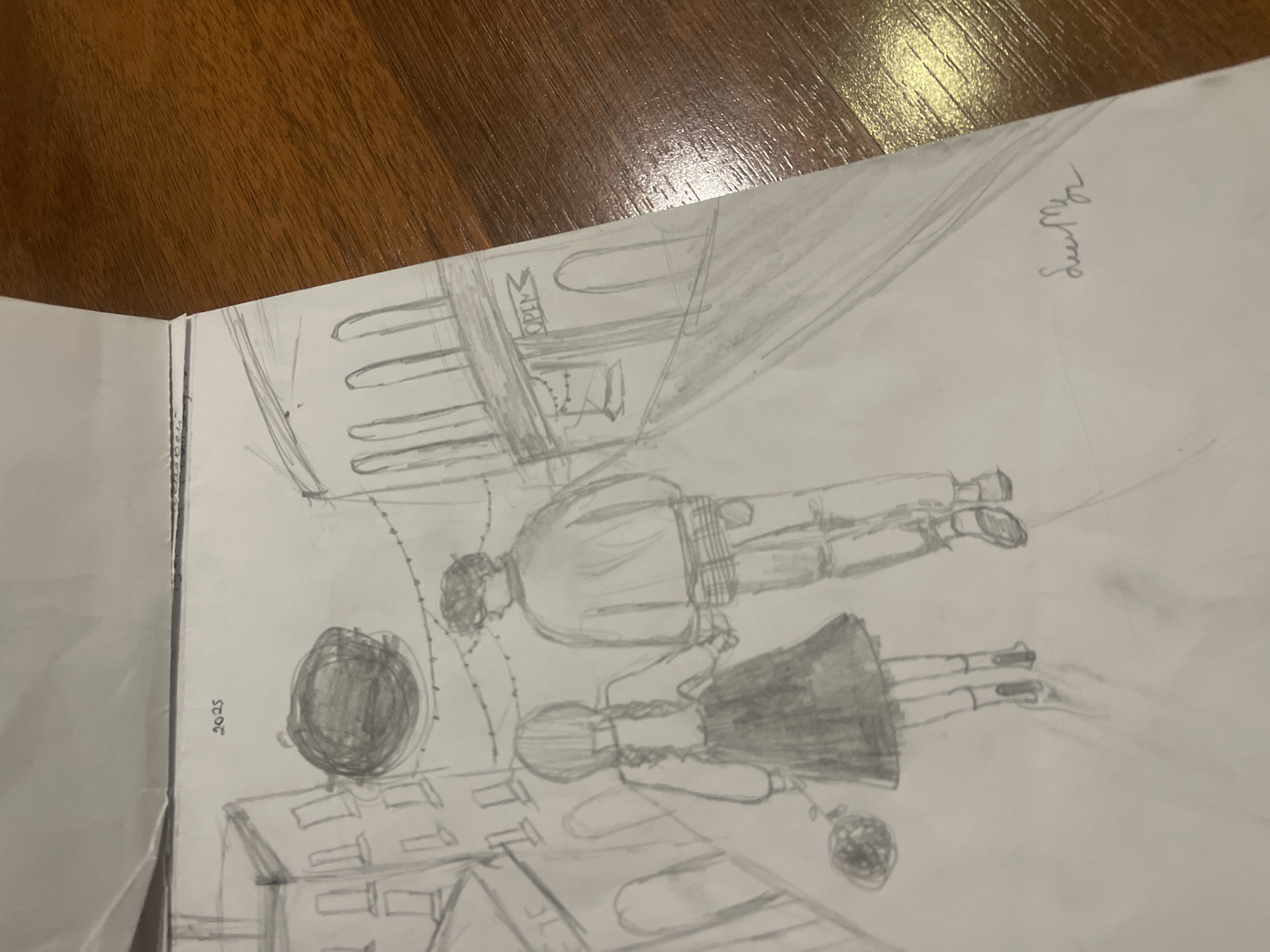 A black and white pencil sketch depicts a young couple walking hand-in-hand down a street in what appears to be a European city. The couple, a boy with curly hair and a girl with braided hair, are walking away from the viewer. The girl is holding a rose in her left hand. Buildings line both sides of the street, and string lights are hung across the street above them, with a large, dark circular object hanging in the sky, possibly a moon or a stylized cloud. One building has a sign that says "OPEN." The sketch is dated "2025" in the upper left corner and signed in the lower right corner. The scene does not contain any recognizable landmarks that would definitively place it in Poltava, Ukraine.
