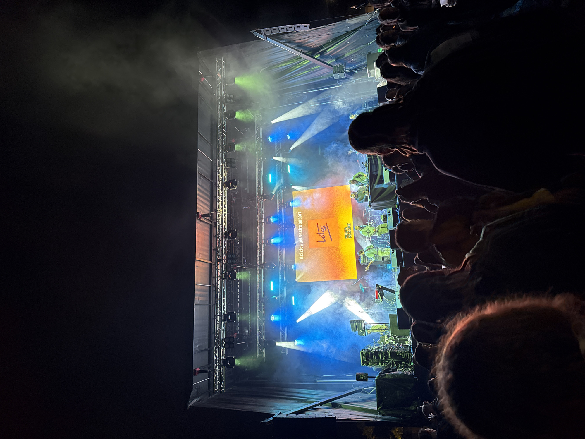 The image shows a concert stage in Vilanova i la Geltrú, Spain at night. A crowd of people are facing the stage, silhouetted in the foreground. The stage has a large screen displaying the word "Lotus" and "Nova Reggae." Stage lighting in blue and green illuminates the scene with fog. There are metal support beams on the left side of the stage.