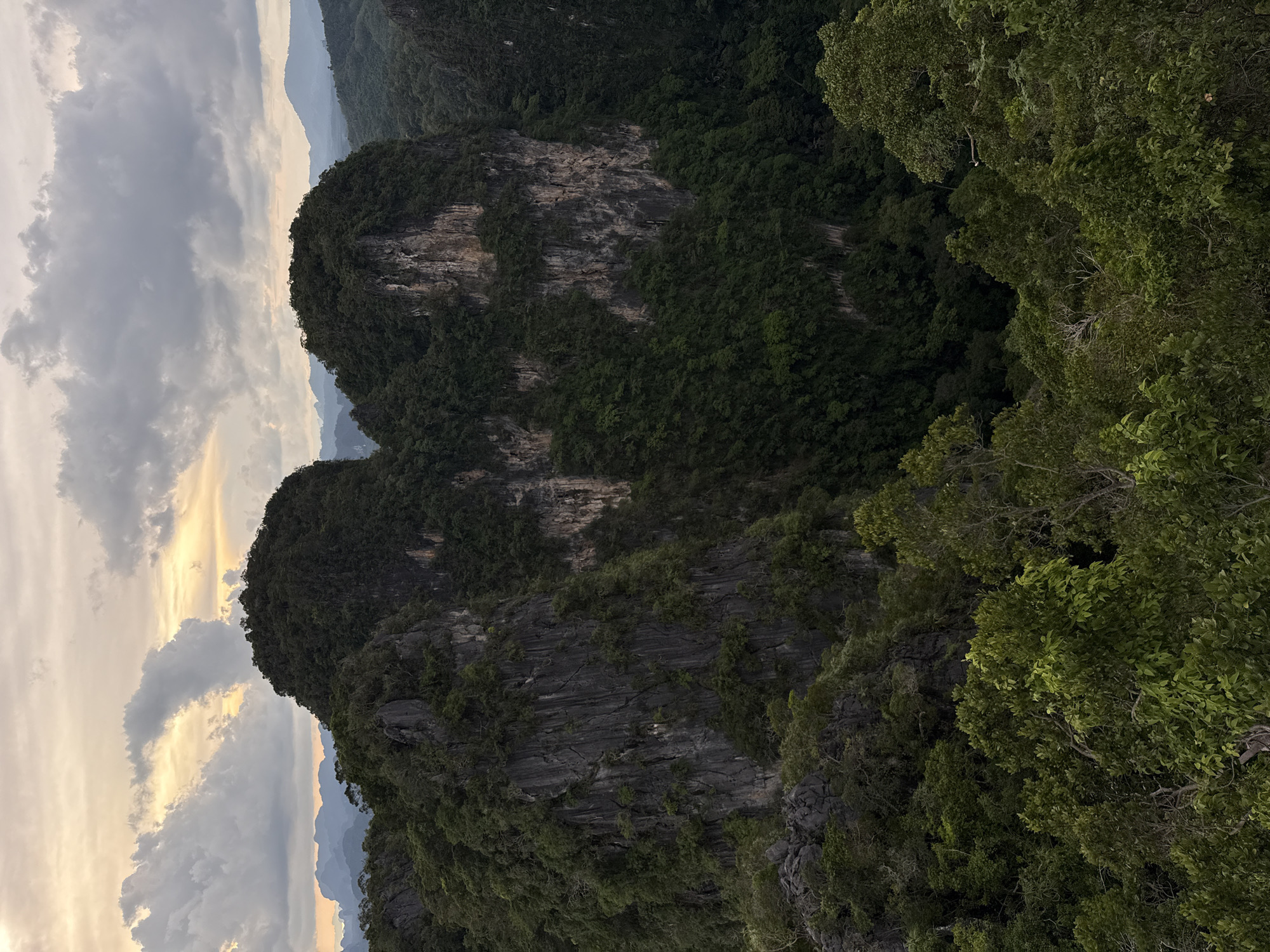 The image depicts a dramatic landscape of karst mountains in Ban Khao Tang, Thailand, likely during a cloudy or twilight period. The foreground is dominated by lush green trees, with their leaves forming a dense canopy that partially obscures the view of the mountains beyond.
The main subjects are two imposing, steep-sided mountains that rise from the surrounding jungle. These mountains are characterized by sheer rock faces, displaying textures of gray and brown stone, with vertical striations and crevices. They are heavily vegetated, with dense green foliage clinging to their slopes and summits, softening their rugged appearance.
In the distance, additional layers of mountains recede into a hazy, muted landscape, suggesting a vast, undeveloped area. The sky above is filled with a mixture of clouds, ranging from dark, heavy formations to lighter, illuminated patches where the sun may be breaking through or setting. The overall impression is one of natural grandeur and a remote, untamed environment. No people or specific man-made objects are visible in the scene.