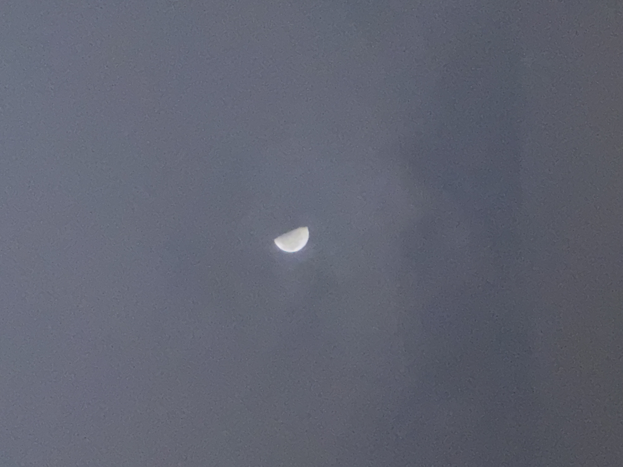 A photograph shows a half-moon against a dull gray sky. The moon is positioned in the upper center of the frame. The scene lacks specific details that would pinpoint it to Tel-Aviv, Israel. There are no people, subjects, objects, actions, or interactions visible other than the celestial view.