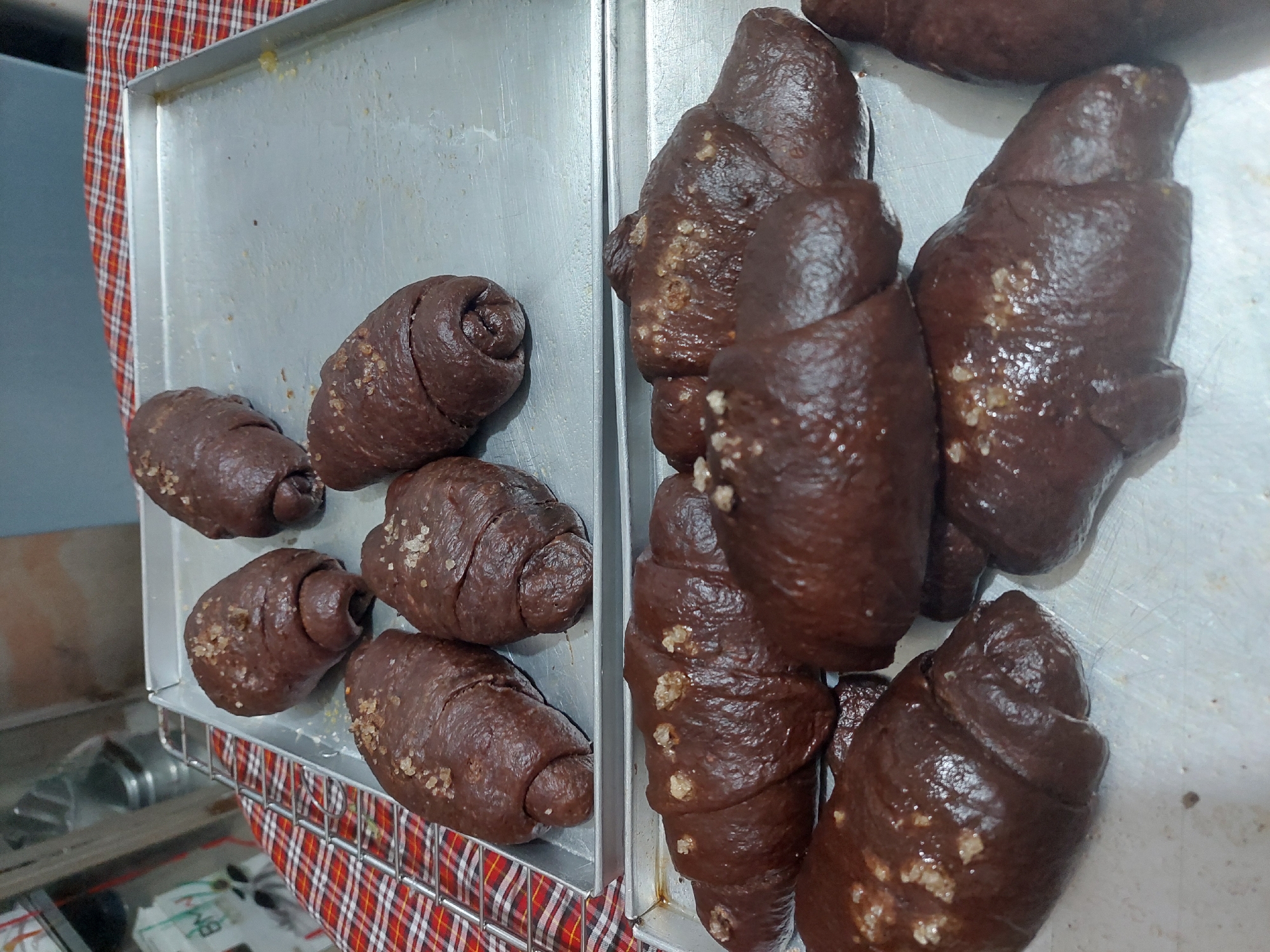 A close-up, eye-level shot shows two metal baking trays filled with chocolate-colored bread rolls. The rolls on the top tray are elongated and appear to be twisted, with some sprinkled with coarse sugar. The rolls on the bottom tray are crescent-shaped and also sprinkled with sugar. The trays are placed on a surface covered with a red and white checkered cloth, and a wire rack is visible to the left. In the background, shelves and industrial equipment suggest a bakery or commercial kitchen setting. The overall impression is of freshly baked goods prepared for sale. No specific location in Jelutung, Indonesia, can be determined from the image.