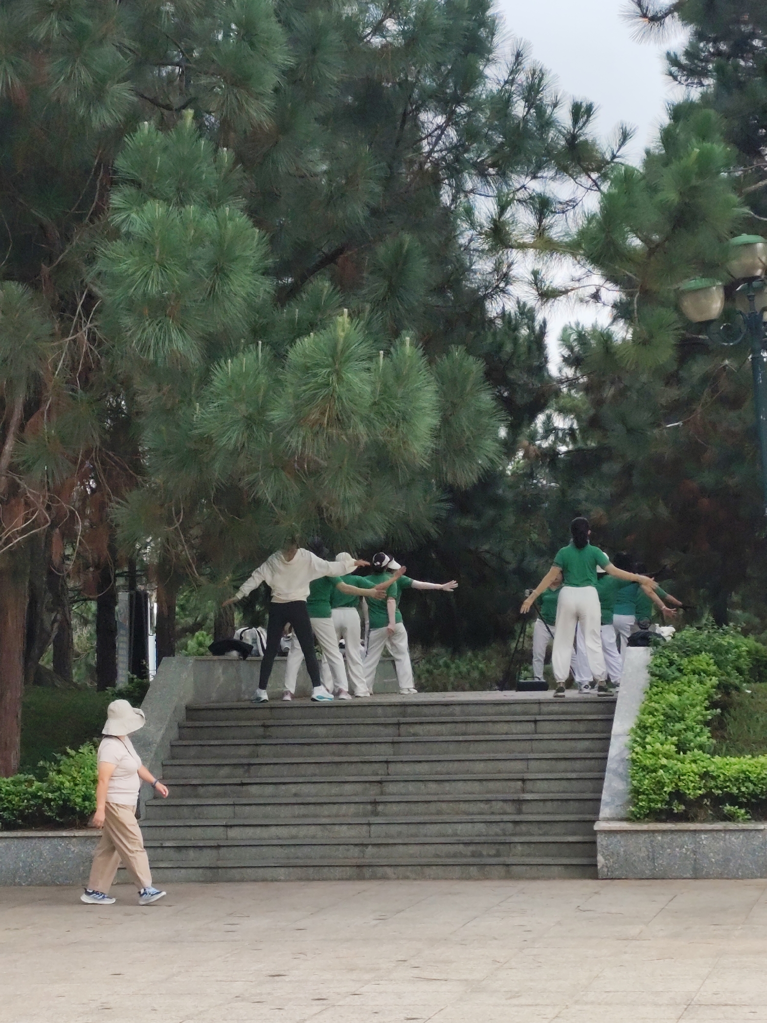 The image captures a scene in Da Lat, Vietnam. A group of approximately seven people stands at the top of a wide set of concrete stairs, practicing synchronized arm movements. They wear coordinating outfits of green t-shirts and white pants. A woman wearing a light-colored outfit and a wide-brimmed hat walks along the base of the stairs. The backdrop is characterized by lush green trees, typical of the Da Lat landscape. A streetlight is visible on the right side of the frame.
