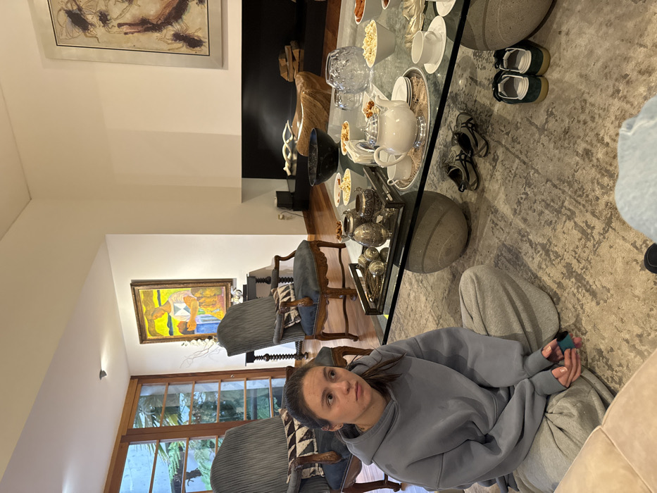 The image portrays an indoor scene within a living room in a residence located in Mexico City, Mexico. In the foreground, a young adult female with light brown hair, wearing a grey hooded sweatshirt and grey sweatpants, sits cross-legged on a patterned rug. She holds a small blue and black object in her hands, and her gaze is directed towards the left side of the frame.
A large rectangular glass coffee table, supported by two circular concrete-like bases, occupies the center. The table is furnished with several items, including a silver teapot, multiple white teacups and saucers on a silver tray, numerous small white bowls filled with snacks (e.g., popcorn, nuts), a clear glass vase, and a decorative tray displaying several metallic urn-shaped objects. Two pairs of casual shoes are positioned on the rug near the coffee table.
The background shows a spacious room with white walls and a polished hardwood floor. To the left, large glass-paned wooden doors provide a view of lush outdoor greenery. Two ornate, high-backed armchairs, upholstered in grey fabric and featuring carved wooden frames, are positioned to the left and center-left. One armchair has a geometric patterned cushion. A small, dark, carved wooden side table stands between the armchairs. A vibrant framed painting, depicting figures against a yellow background, hangs on the far left wall. On the right wall, above a minimalist black built-in fireplace structure, a large framed artwork with abstract or textured forms is displayed. The fireplace shelf holds various decorative wooden items and a dark bowl. Recessed lighting is visible on the ceiling.