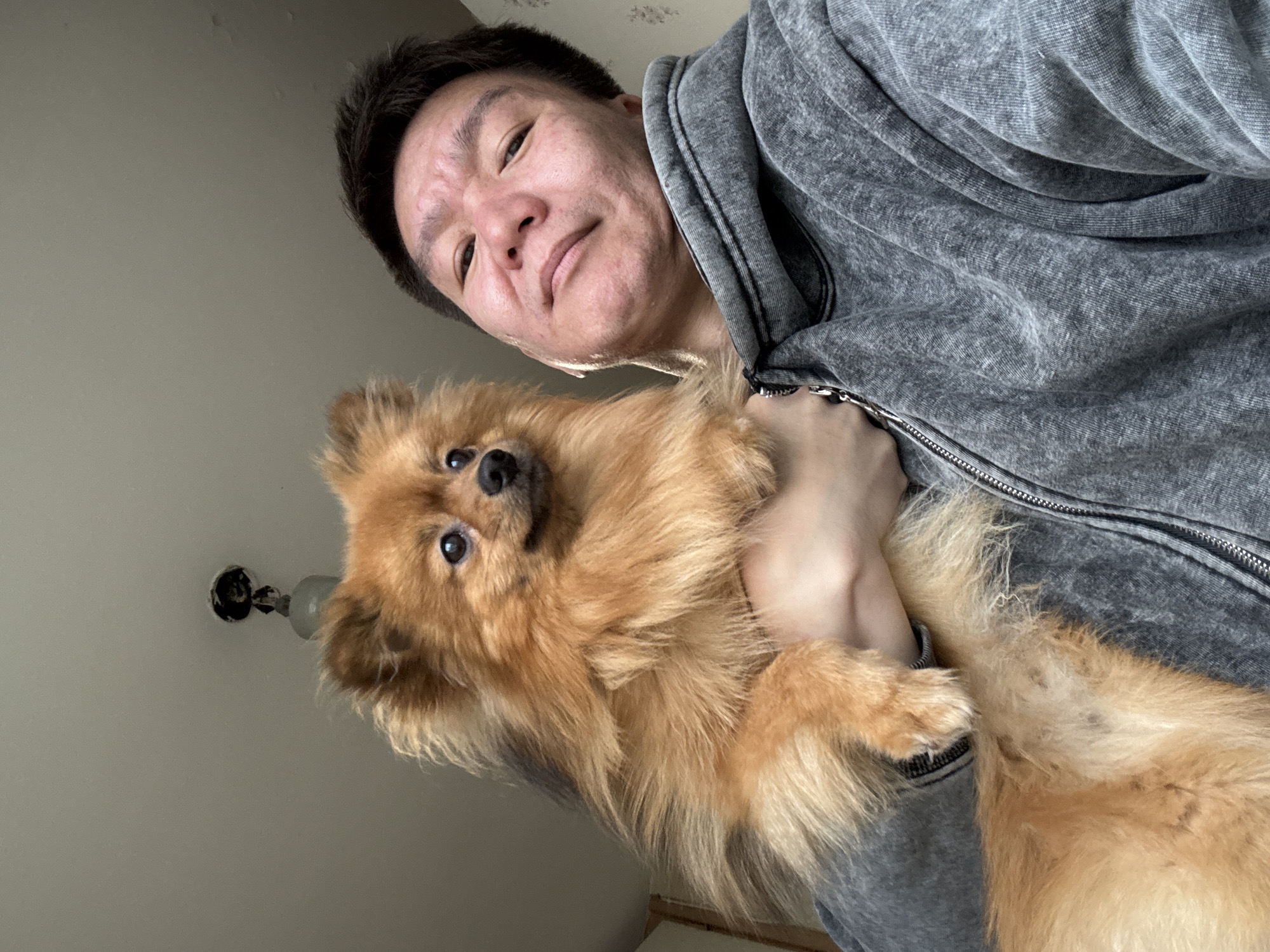 The image captures a man holding a small, fluffy dog indoors in Khimki, Russia. The perspective is taken from a low angle, looking upwards at both subjects. The man, positioned in the upper right portion of the frame, has dark hair and looks directly at the camera with a neutral to slightly contemplative expression. He has visible facial scarring on his cheeks and forehead. He is wearing a grey hooded sweatshirt or jacket with a zippered front, which appears to be made of a washed or textured fabric.
The dog, a Pomeranian-like breed with reddish-brown and orange fur, is held close to the man's chest and is also looking towards the camera. Its eyes are dark and alert. The dog's fluffy fur is prominent throughout its body. The man's left hand is visible, gently supporting the dog.
The background is a plain, light-colored ceiling or wall. In the upper left corner of the dog, a light fixture is partially visible on the ceiling, appearing to be a bare bulb or a simple fixture with a missing cover. The lighting suggests it is daytime, with soft, indirect illumination. No visible text is present in the image.