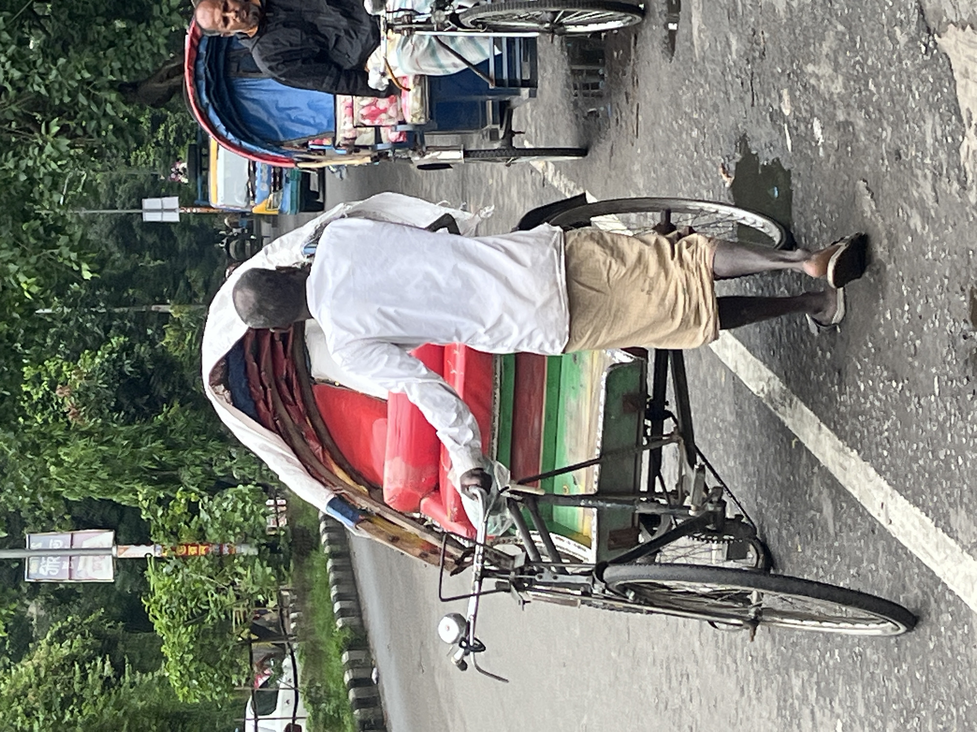 The image captures a street scene in what appears to be Dhaka, Bangladesh, featuring two cycle rickshaws and two men. In the foreground, a man, seen from behind, is operating a cycle rickshaw. He is wearing a white long-sleeved shirt and light brown shorts or pants, with sandals on his feet. He is holding the handlebars of the rickshaw, which has a red and green passenger seating area covered by a white canopy.
Behind him, another man is seated in a second rickshaw, which has a blue canopy. This second man is wearing a dark jacket and is looking towards the left side of the frame. The rickshaws are on an asphalt road that appears slightly damp in places, with a white line visible on the right edge.
The background features lush green foliage, suggesting trees and bushes lining the road. A white street sign with some text is partially visible through the greenery; "5G" and "GP" can be discerned on the sign. Further back on the road, other vehicles, including what looks like a yellow auto-rickshaw and a white car or van, are present. The scene suggests a busy, daytime environment, likely a common street in a city like Dhaka, where rickshaws are a primary mode of transport.