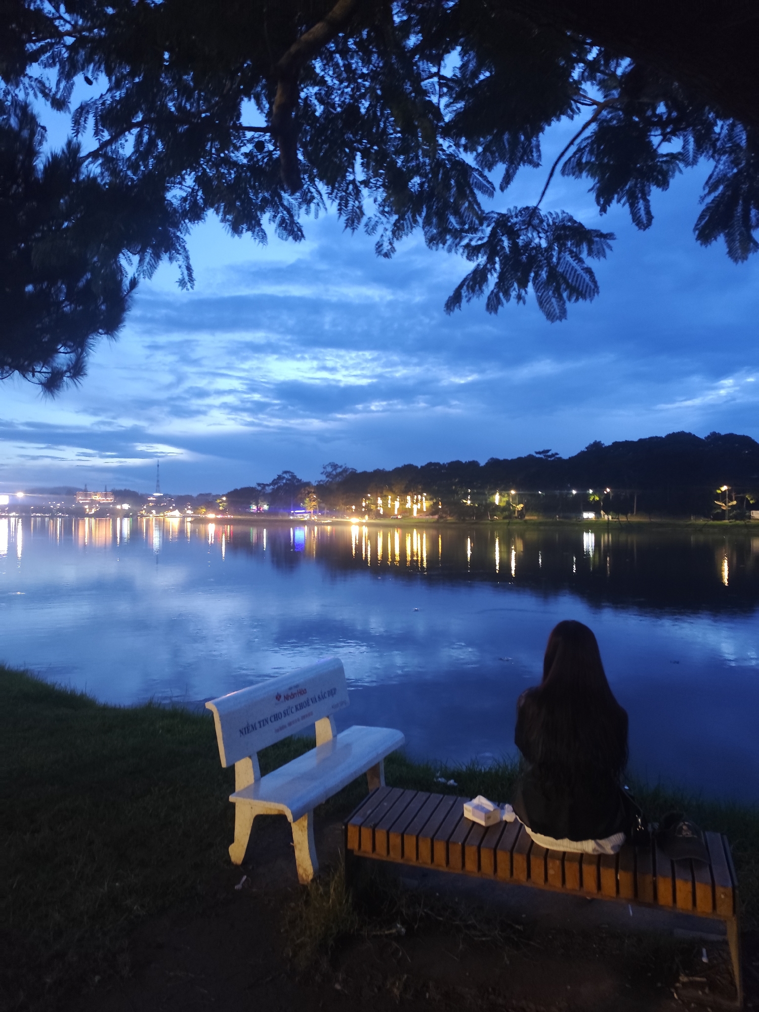 At dusk, on the shore of Xuan Huong Lake in Da Lat, Vietnam, a lone woman sits on a wooden bench, her back to the camera, facing the serene water. The sky is a deep twilight blue, with wispy clouds catching the last light. On the left of the frame, a stone bench is partially visible, with Vietnamese inscriptions on its surface. In the background, the lights of the city are reflected in the calm lake, creating a shimmering effect. Trees with dark foliage hang over the scene from the upper left, silhouetting against the fading sky. The overall atmosphere is one of quiet contemplation and natural beauty.