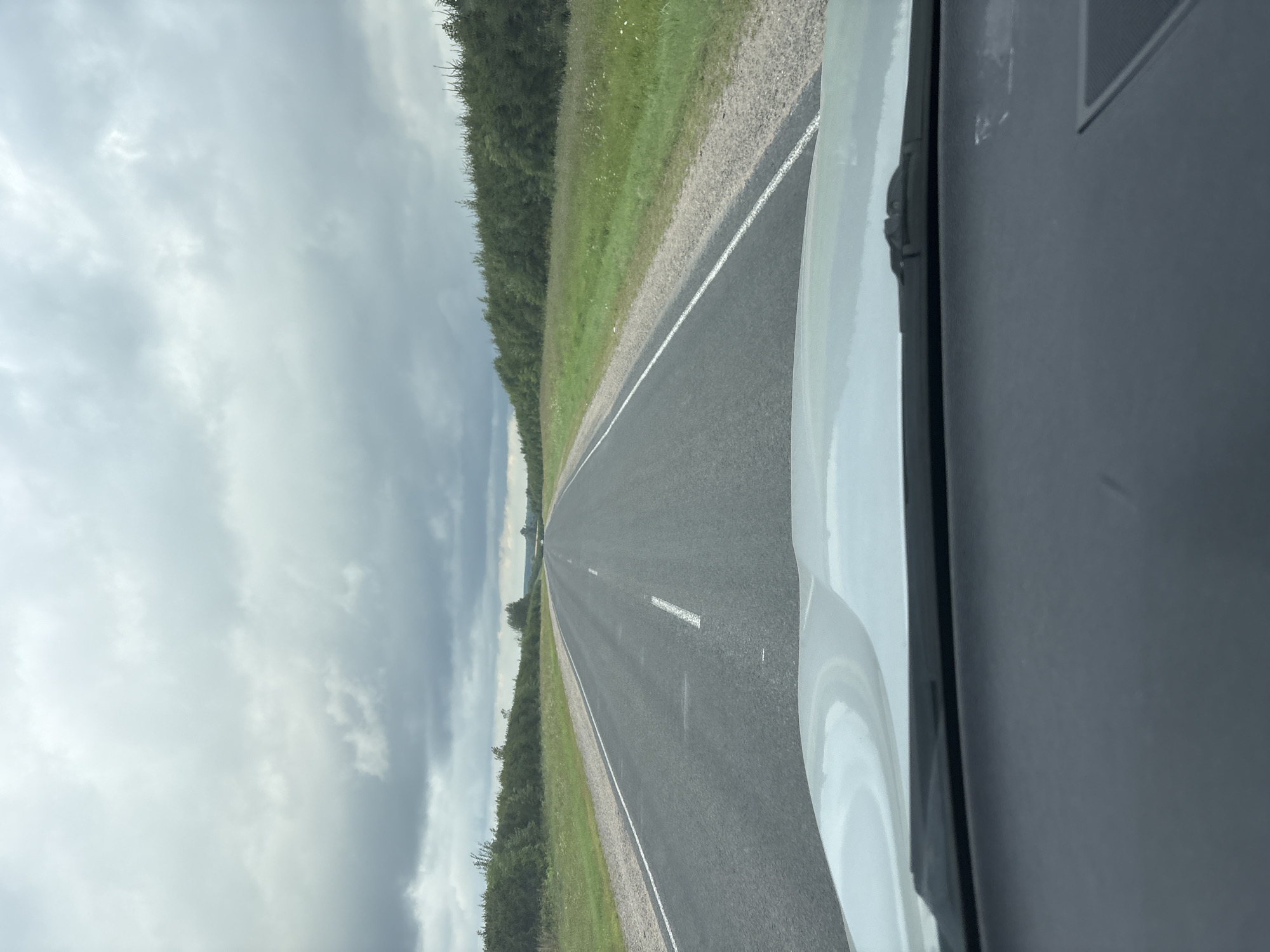 An overcast sky looms above a straight, two-lane asphalt road that stretches into the distance. The road is bordered by a narrow strip of gravel and then by lush green grass, which is in turn flanked by a dense line of trees. The view is from inside a vehicle, with the white hood and dashboard visible in the foreground. The overall scene suggests a rural or semi-rural setting in Уселюбскі сельскі Савет, Belarus.