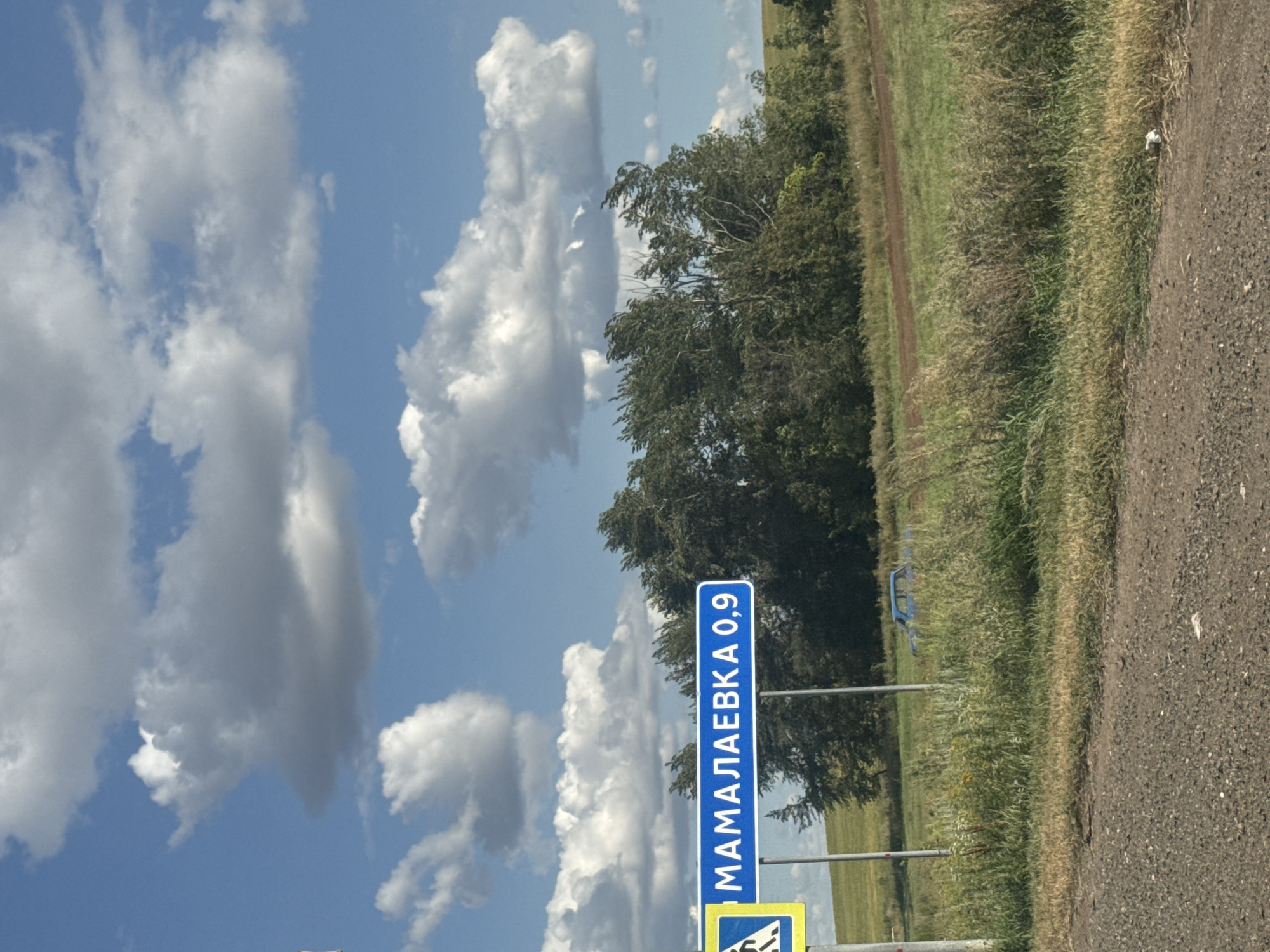 A low-angle shot captures a road sign in Perevolotsky, Russia, with the words "MAMALAEVKA 0.9" in blue lettering on a white background. The sign is positioned next to a yellow diamond-shaped sign featuring a black pedestrian symbol. The background reveals a lush green landscape with tall grass, a cluster of trees, and a bright blue sky filled with fluffy white clouds. A blue car is visible in the distance, partially obscured by the tall grass. The foreground is dominated by a rough, grey gravel road.