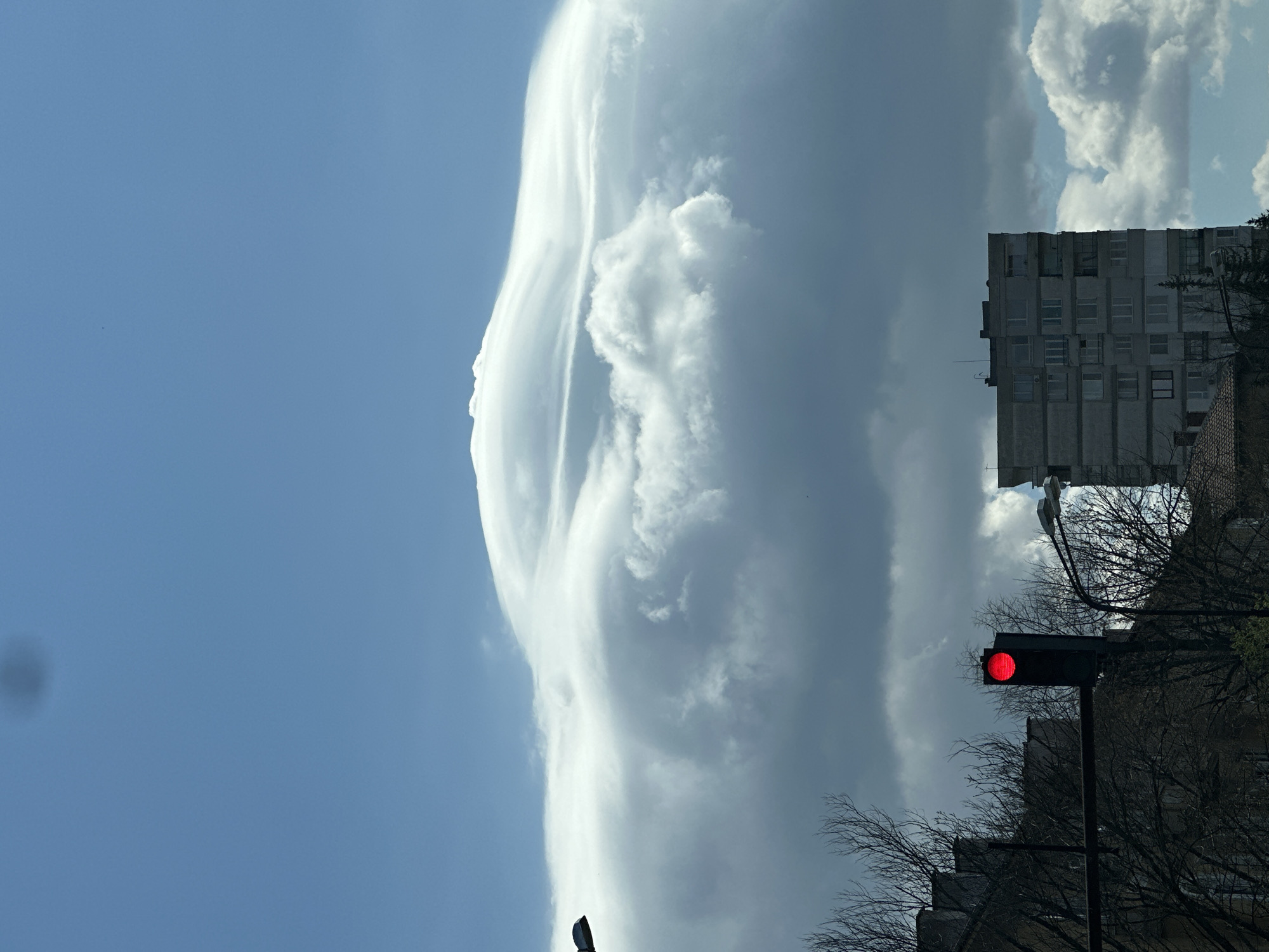 The image presents a daytime scene in Sofia, Bulgaria, juxtaposing natural and urban elements. On the left, a prominent lenticular cloud formation dominates the clear blue sky. The cloud is multi-layered, appearing smooth and elongated horizontally. To the right of the cloud and lower in the frame is a multi-story, gray concrete building, characteristic of residential architecture in Sofia.
A traffic light, displaying a red light, is situated in front of the building, amidst bare tree branches, indicating it is likely early spring or late autumn. The image is taken from a low angle, looking upward, emphasizing the height of the cloud and the building. The position of the elements suggests the photo was taken on a street corner in a residential district of Sofia.