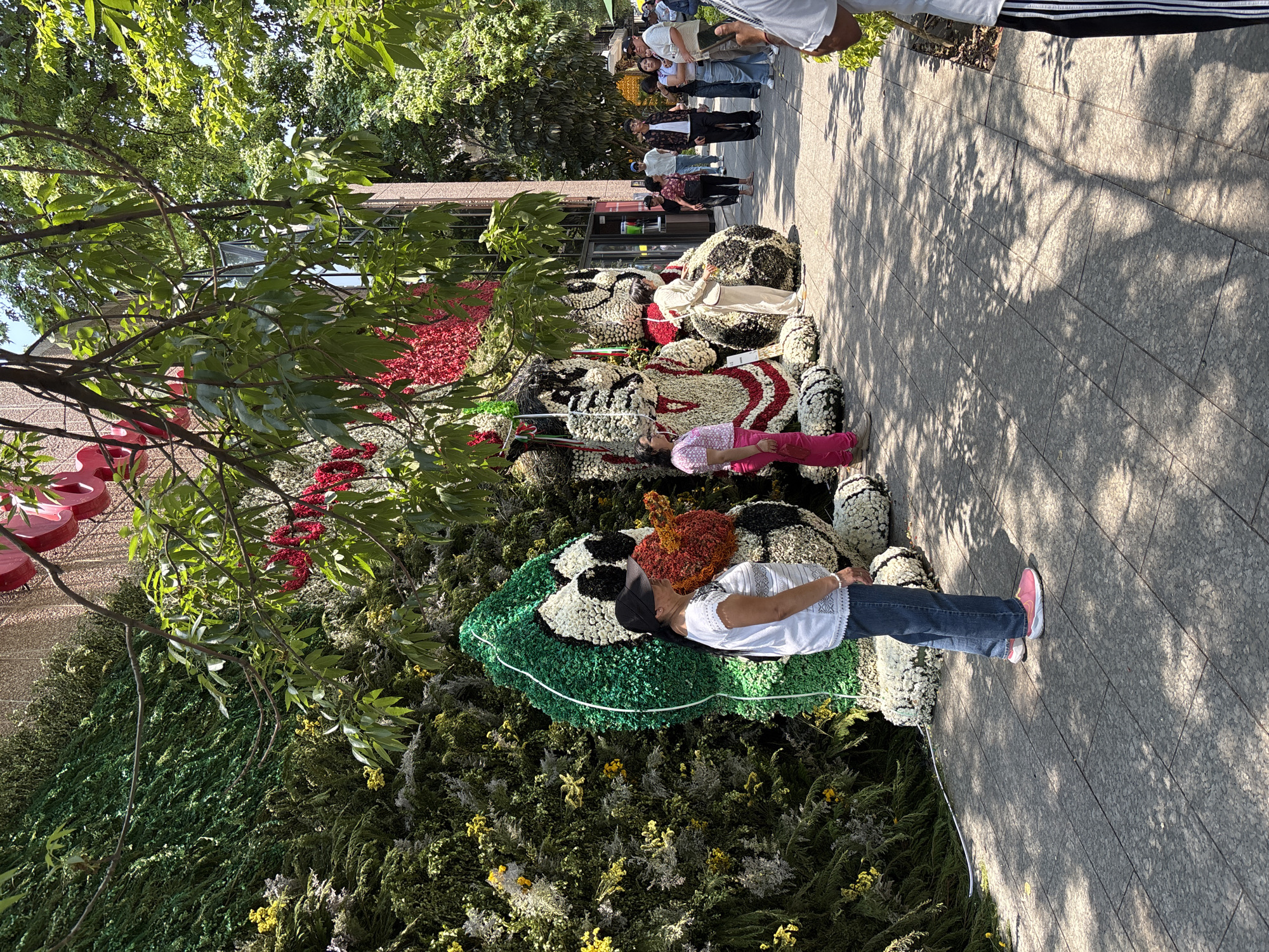 The image shows a pedestrian walkway in Mexico City, Mexico. Several displays are made of flowers on the walkway. A person lies on one of the displays, which is designed to resemble a soccer ball with a heart. Other pedestrians are visible in the background, walking past the displays. Trees and buildings are visible in the background as well. The walkway is paved with gray stone tiles.