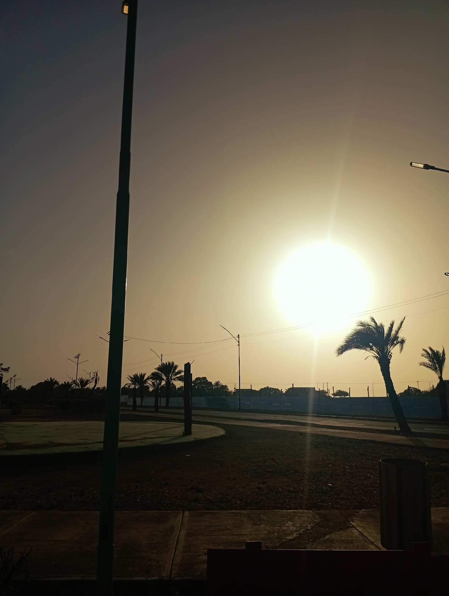 The image depicts an outdoor scene at either sunrise or sunset, dominated by a large, brilliant sun positioned in the upper right quadrant of the frame. The intense sun creates significant glare and lens flare, bathing the entire landscape in a warm, golden-yellow light and silhouetting many elements.
In the foreground, a tall, dark green pole extends vertically, slightly left of center. To its right, a dark, cylindrical trash can is visible. The ground consists of paved sections (possibly a sidewalk or pathway) and an unpaved, earthy area that appears to be a park or undeveloped land.
The midground features a paved road or path curving through the scene. Several palm trees are prominently silhouetted against the bright sky, most notably a leaning palm tree on the far right. Additional utility poles and thin wires are visible across the horizon. In the background, beyond the road and a fence (possibly corrugated metal), more trees and the dark outlines of distant buildings or structures can be seen.
No individuals or specific activities are depicted, giving the scene a quiet and tranquil atmosphere. The sky is clear, suggesting fair weather. The presence of palm trees aligns with the tropical setting of Juan Griego, Venezuela. No visible text is present in the image. The overall impression is one of serene natural light at the beginning or end of the day.