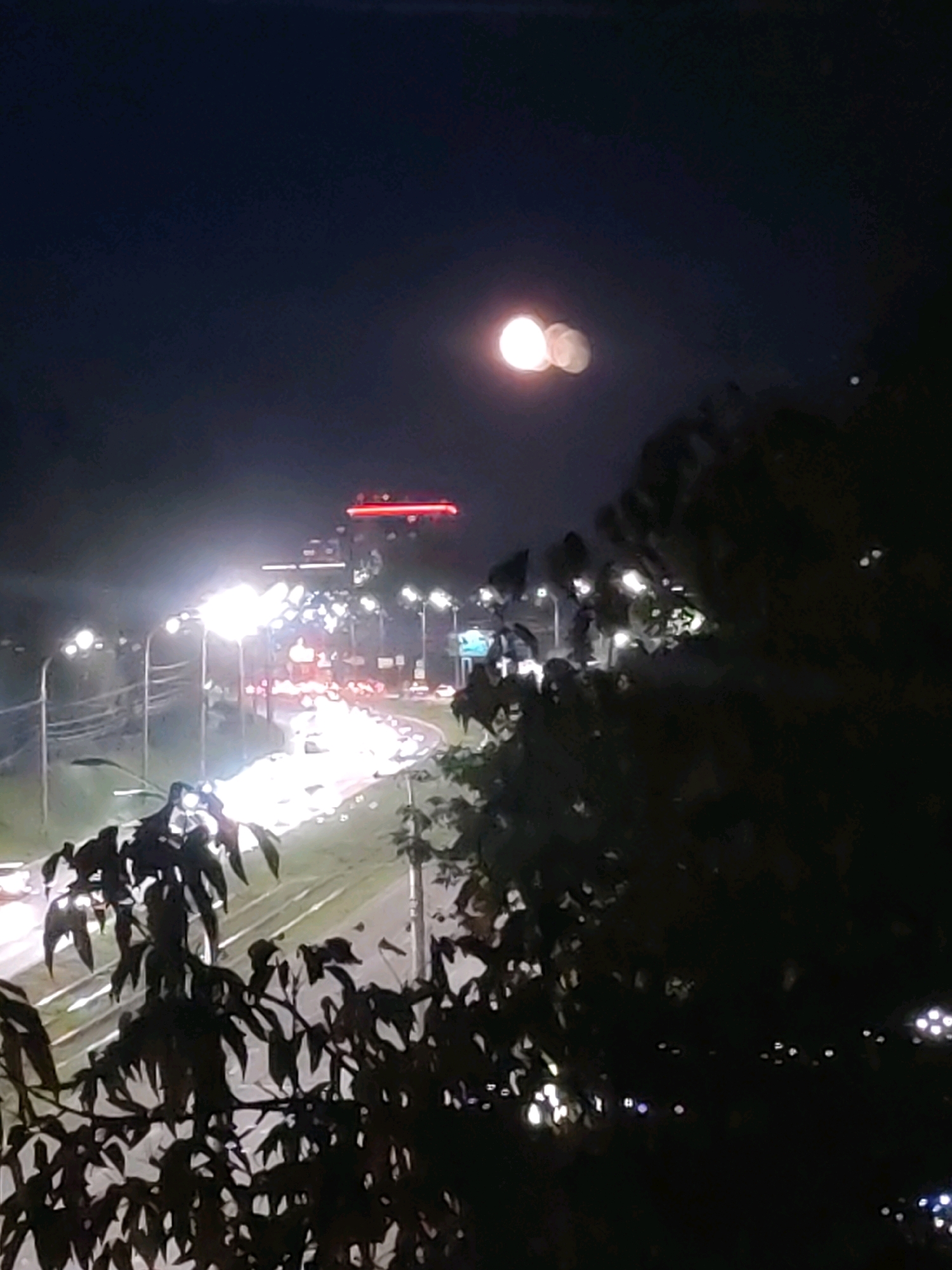The image depicts an urban nighttime scene in Izhevsk, Russia, likely a view overlooking a highway or major road. A bright, blurry light source, possibly the moon or a streetlight with lens flare, is visible in the upper left quadrant of the sky. Below, a busy road is illuminated by numerous streetlights and the headlights and taillights of moving vehicles, creating streaks of light. In the background, a building with a prominent red neon sign is visible. Dark foliage from trees or bushes is silhouetted in the foreground, partially obscuring the view of the road and its surroundings. The overall impression is one of a dynamic, illuminated urban environment at night, viewed from an elevated position.