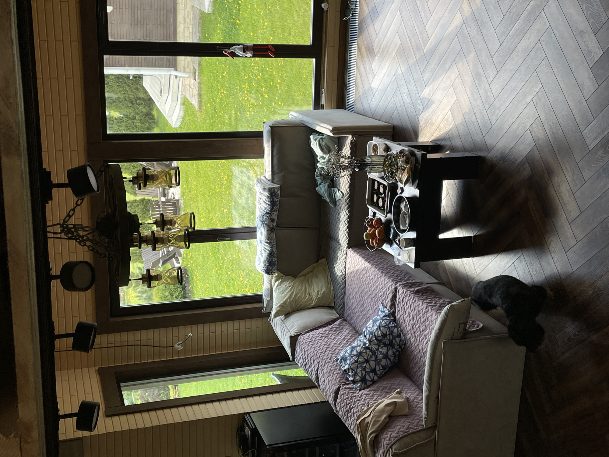 A room in Solov'evka, Russia, is captured in this image. The room is bathed in natural light from large windows overlooking a green, grassy exterior with a building visible in the distance. The interior features a sofa with throw pillows and a blanket, a dark coffee table laden with items, and a black dog sitting near the sofa. Above, there's an ornate, multi-bulb chandelier. The walls are paneled with light-colored wooden planks, and the flooring is a dark, herringbone pattern. The presence of a window decoration in the upper window suggests the location and season, possibly coinciding with celebrations in Solov'evka, Russia.