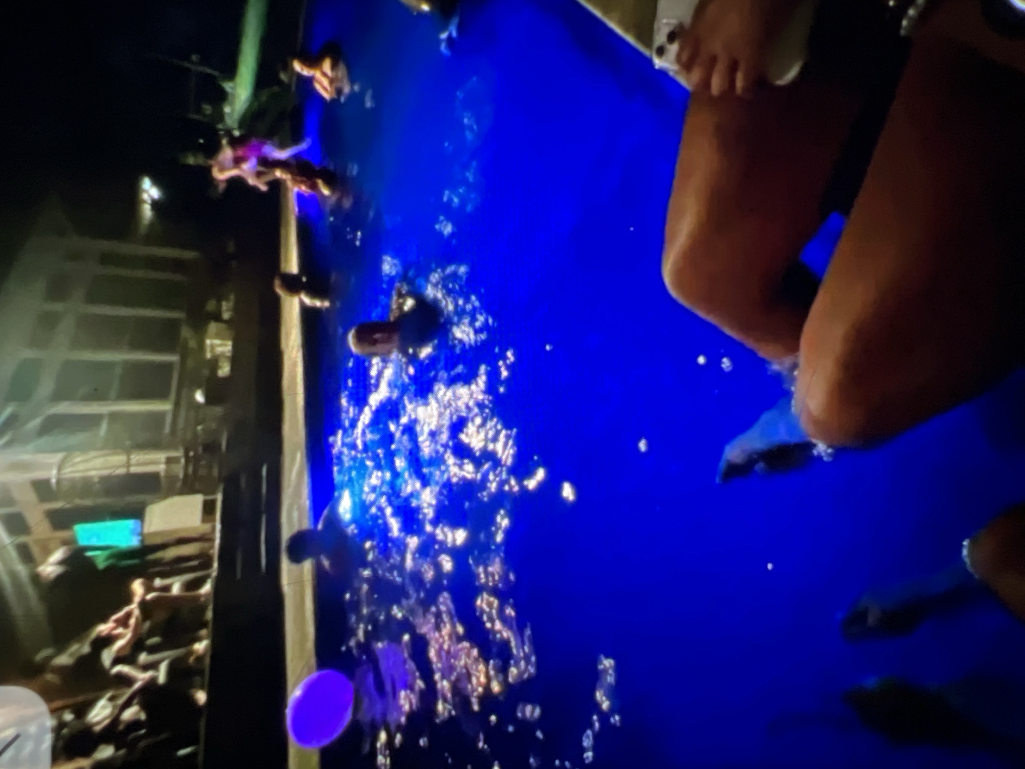 The image depicts a nighttime scene at a pool party, likely located in Lagos, Nigeria. Several individuals are visible in and around the illuminated blue swimming pool. In the background, a group of people are seated on a raised platform, possibly a deck or verandah, adjacent to a building that appears to be a house or resort structure. The lighting is low, with the pool water glowing a vibrant blue due to underwater lights. One person in the foreground is holding a smartphone. The overall atmosphere suggests a social gathering and leisure activity.