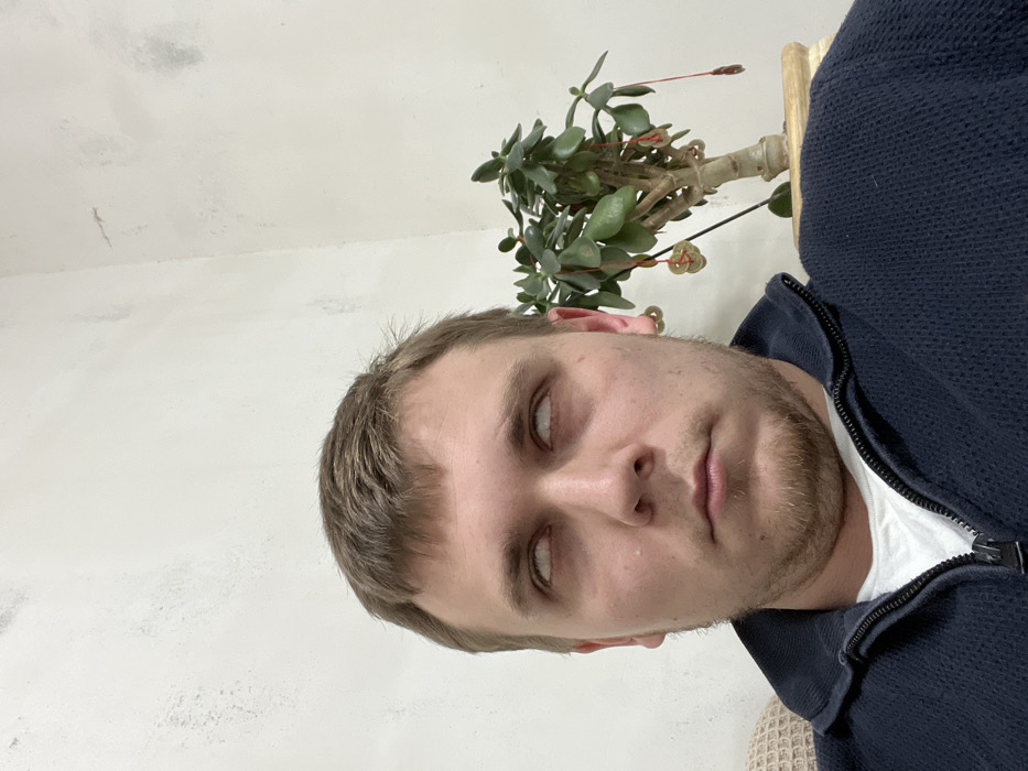 A man with light skin and short, light brown hair poses for a selfie. His eyes are rolled back, and he has a short beard. He wears a dark blue zip-up hoodie over a white shirt. In the upper right corner, a jade plant with red accents is visible. The background includes a beige wall and a woven texture. The photograph is taken from a slightly downward angle.