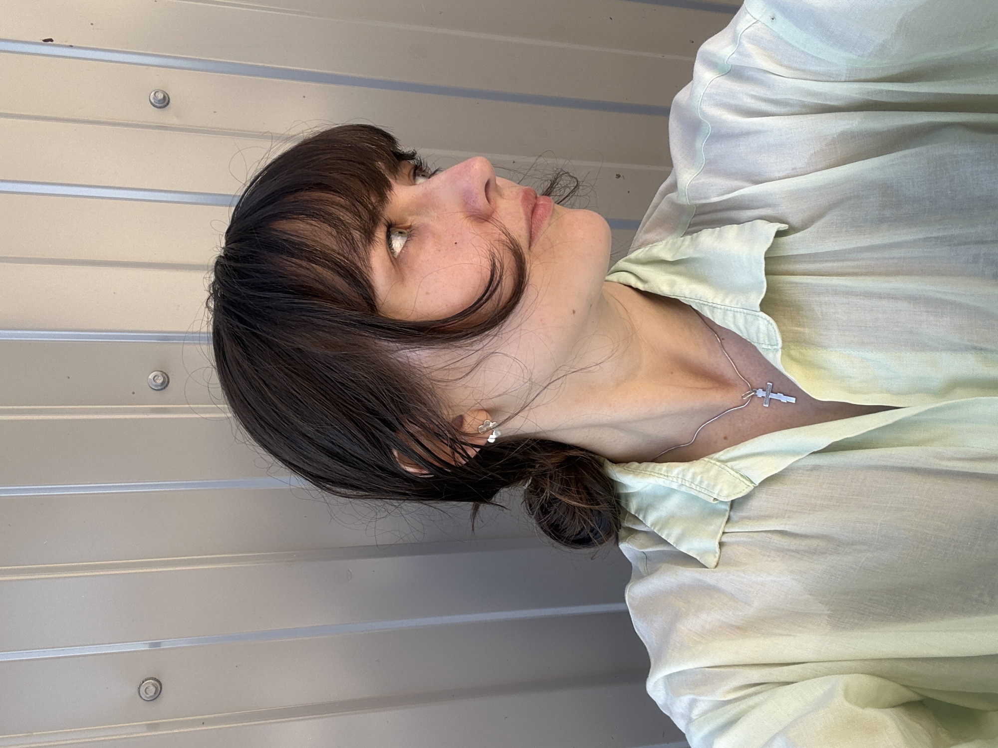A young woman with dark hair pulled back in a low bun, bangs falling around her face, is captured in a close-up profile shot against a corrugated metal wall. She wears a pale green, oversized collared shirt and a silver necklace with a cross pendant. Her head is turned to the right, with her gaze directed off-camera. The setting appears to be outdoors, with the metallic sheen of the wall suggesting an industrial or utilitarian structure. The natural lighting indicates it is daytime. The woman has light skin, a smattering of freckles, and is wearing small, stud earrings.