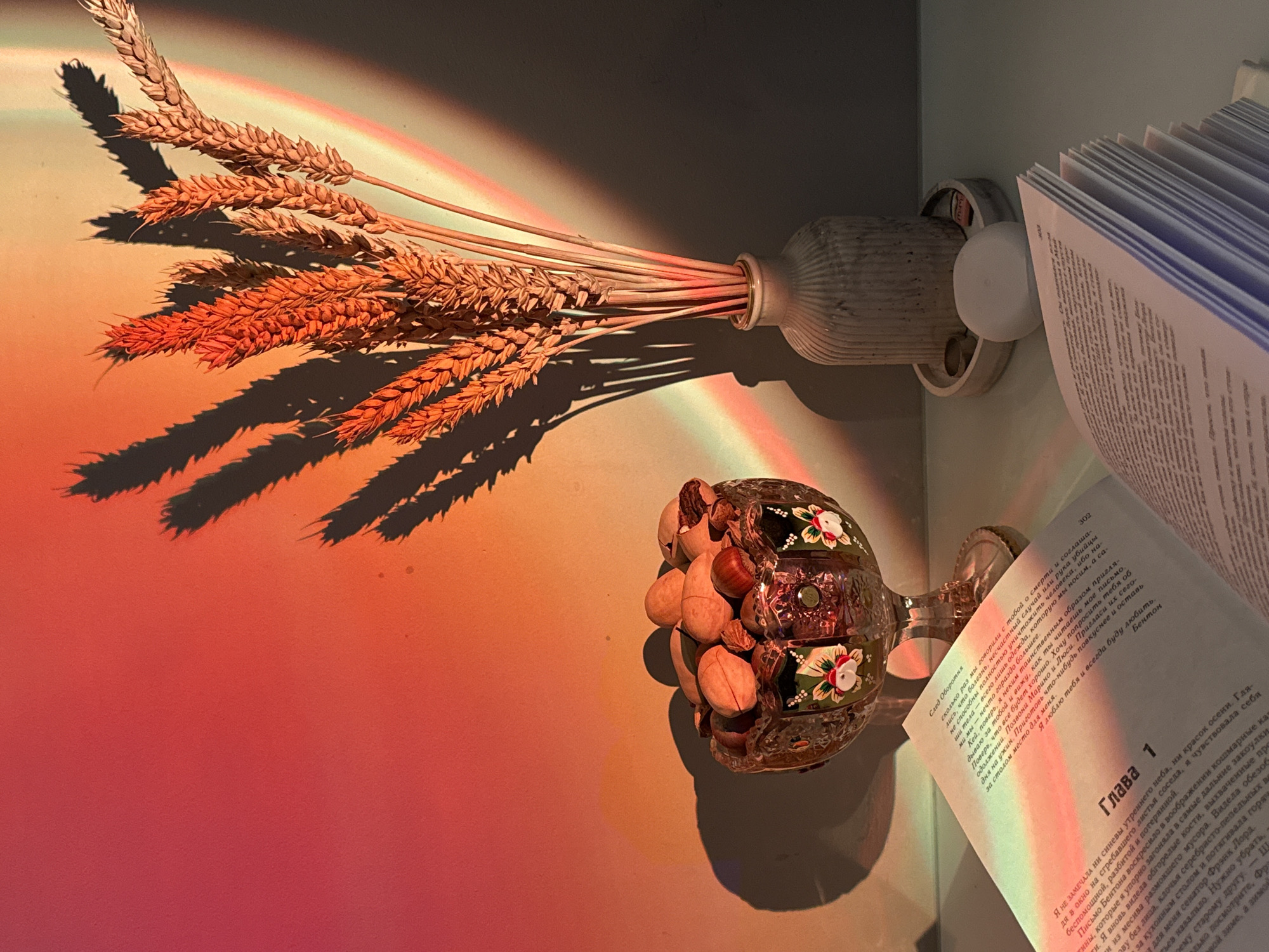 An indoor still life scene is captured, characterized by warm, vibrant lighting. The image displays a bundle of dried wheat stalks, a decorative glass bowl filled with nuts, and an open book, all resting on a flat surface.
A strong, directional light source from the upper left casts a radiant gradient of red, orange, and yellow hues across the surface. This illumination creates prominent, elongated dark shadows of the wheat and the nut bowl, enhancing the depth and artistic quality of the composition. A subtle rainbow effect is also visible within the colorful light.
In the upper-center, a light-colored, ribbed vase lies on its side, from which a cluster of dried wheat stalks extends downwards and to the left. The wheat appears golden-brown, with some parts taking on a reddish-orange tint from the light.
Towards the middle-right, an ornate clear glass bowl, decorated with painted white and red floral designs and green leaves, is filled with an assortment of nuts, including pecans, pistachios, and hazelnuts.
In the lower-right quadrant, an open book displays text printed in Cyrillic script (Russian). The left page is titled "След Оборотня" (Trail of the Werewolf) and features a paragraph ending with the emotional sign-off: "Я люблю тебя и всегда буду любить. Бентон" (I love you and will always love you. Benton). The right page prominently displays "Глава 1" (Chapter 1) and the page number "302". The book's pages are bathed in the warm, colorful light.
The arrangement suggests a peaceful, contemplative setting, possibly for reading and relaxation. The objects are positioned on a solid surface, likely a table or shelf, viewed from a slightly elevated perspective.