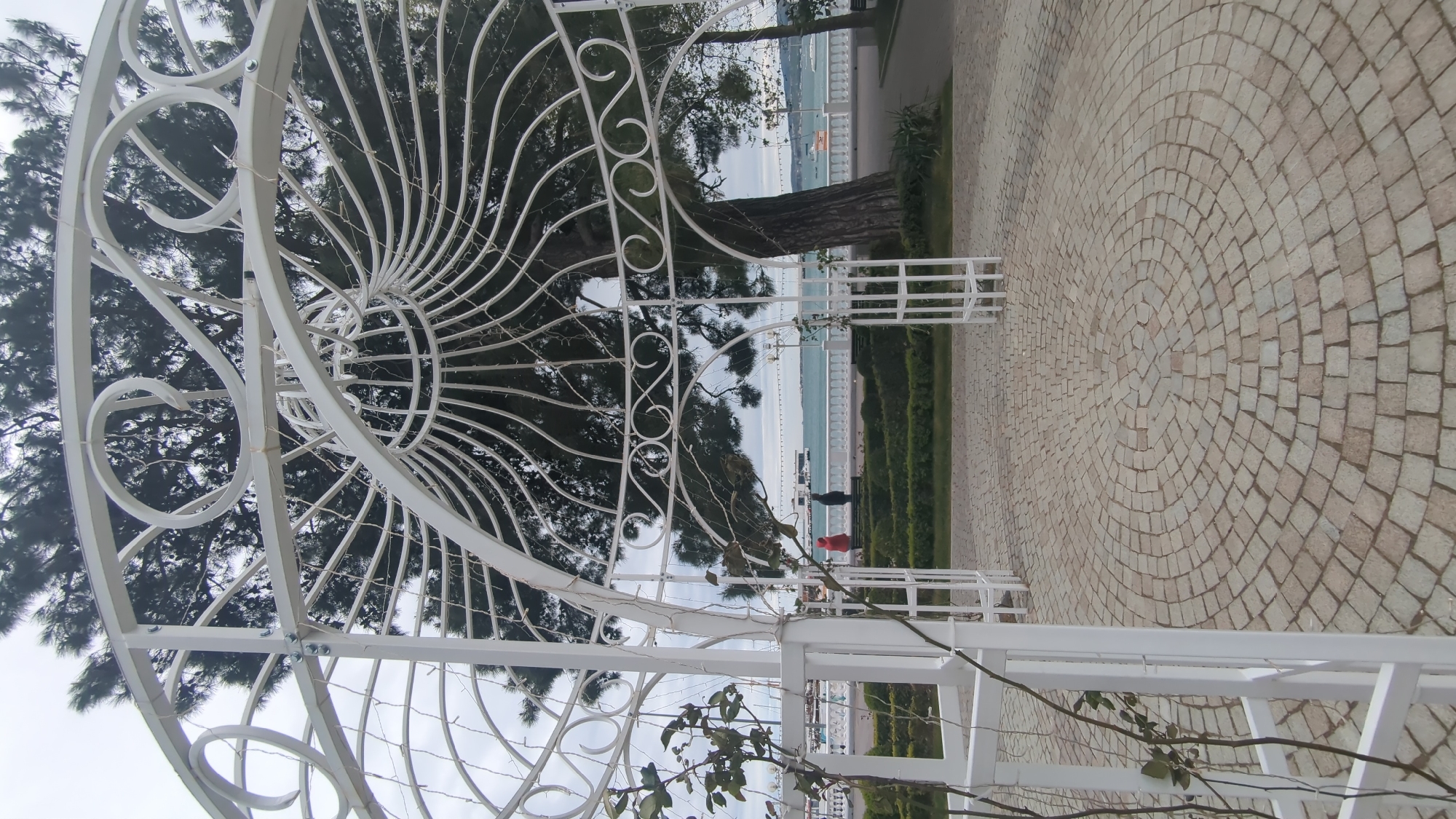 The image captures a scene in Gelendzhik, Russia, showcasing a white metal gazebo-like structure with ornate, swirling designs against the backdrop of the Black Sea. The structure is partially covered with plant branches. The perspective is from beneath the structure, looking outward towards the sea. The background includes trees and a paved area with a circular pattern of cobblestones. Two individuals, one wearing a red jacket and the other wearing a black jacket, are visible near the sea. A white railing runs along the water's edge. The sky appears overcast.