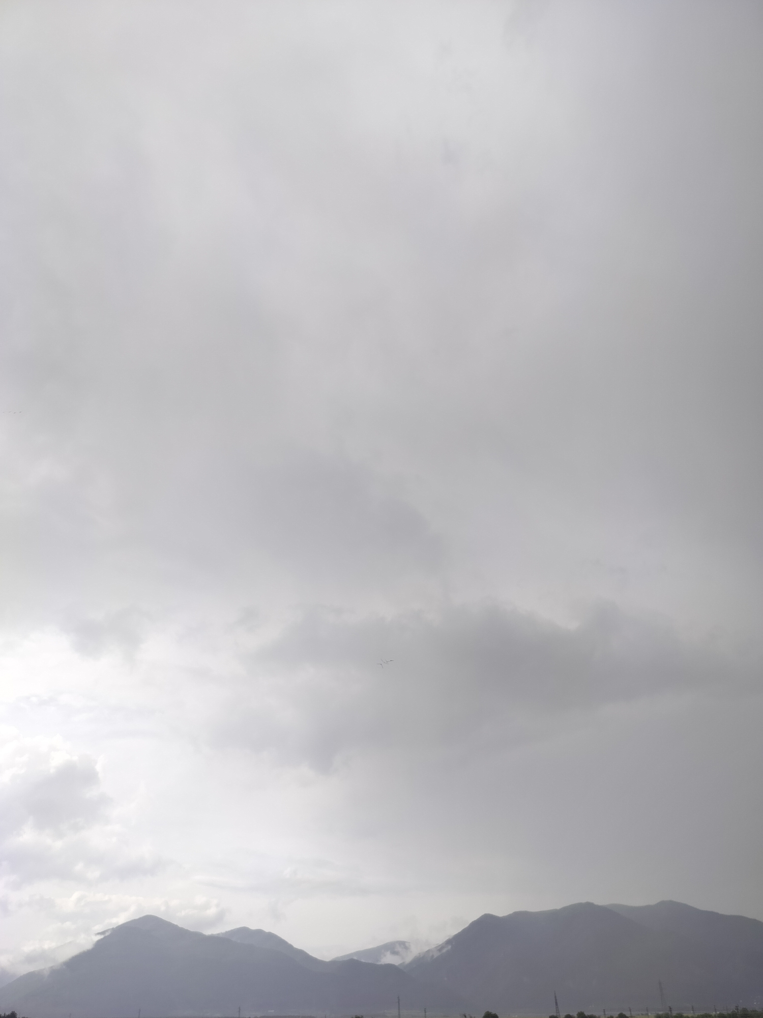 The image displays a panoramic natural landscape dominated by a vast, overcast sky and a distant mountain range. The sky occupies approximately three-quarters of the frame, filled with dense layers of grey clouds. These clouds exhibit variations in tone, from bright, diffused light areas to darker, more uniform grey patches, suggesting heavy cloud cover. Several small, dark specks, identified as birds, are scattered across the sky, particularly in the upper left and middle right.
Below the expansive sky, a continuous chain of mountains forms the horizon line, stretching across the entire width of the image. The mountains appear as dark, muted silhouettes against the lighter cloud base, with subtle details of their peaks and slopes visible. There are lighter, almost white, areas clinging to parts of the mountain range, which could be low-hanging mist, clouds, or snow. At the very bottom, a narrow strip of land can be seen, hinting at fields or distant terrain, with what appear to be faint structures or utility poles.
The scene captures a tranquil, overcast daytime moment in Gorno Sahrane, Bulgaria. The weather is characterized by a completely cloudy sky, indicating a subdued and muted atmosphere, possibly leading to rain or fog. The image conveys a sense of natural vastness and quietude. No human activity is depicted, apart from the flying birds. There is no visible text in the media file.