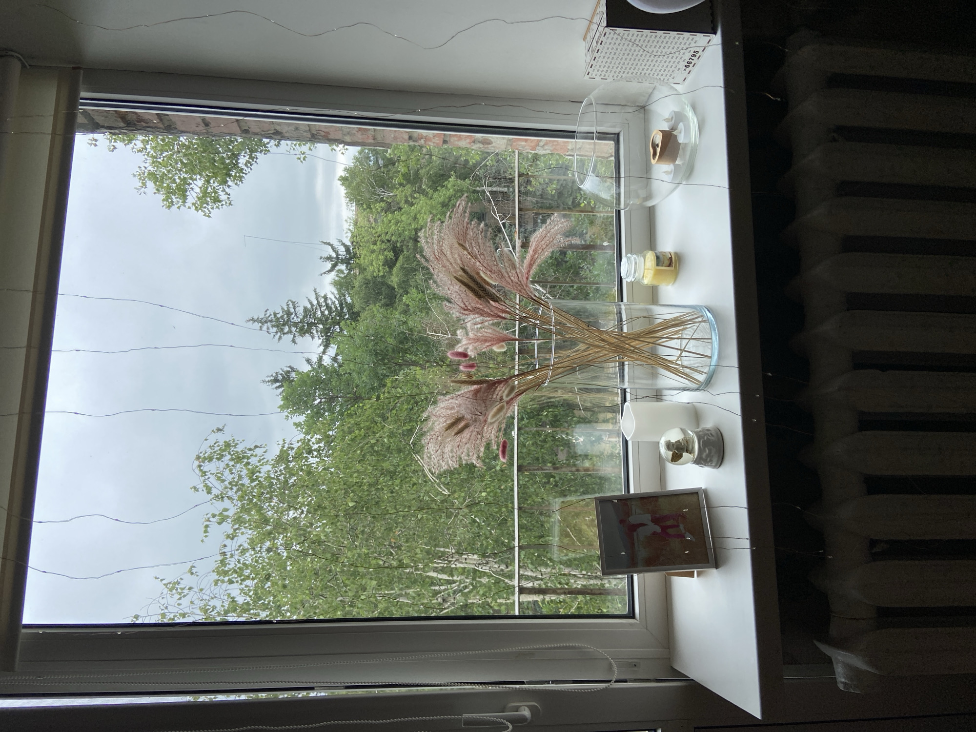 A scene captured from indoors looks out through a window at lush green trees and an overcast sky. The windowsill holds several decorative items including a framed photograph, a snow globe with an angel inside, a white candle, a small yellow jar, a glass vase with dried reeds, and a glass dome containing heart-shaped candles. In the background, string lights are draped across the window. Below the windowsill, a radiator is visible. The location is identified as Poltava, Ukraine.